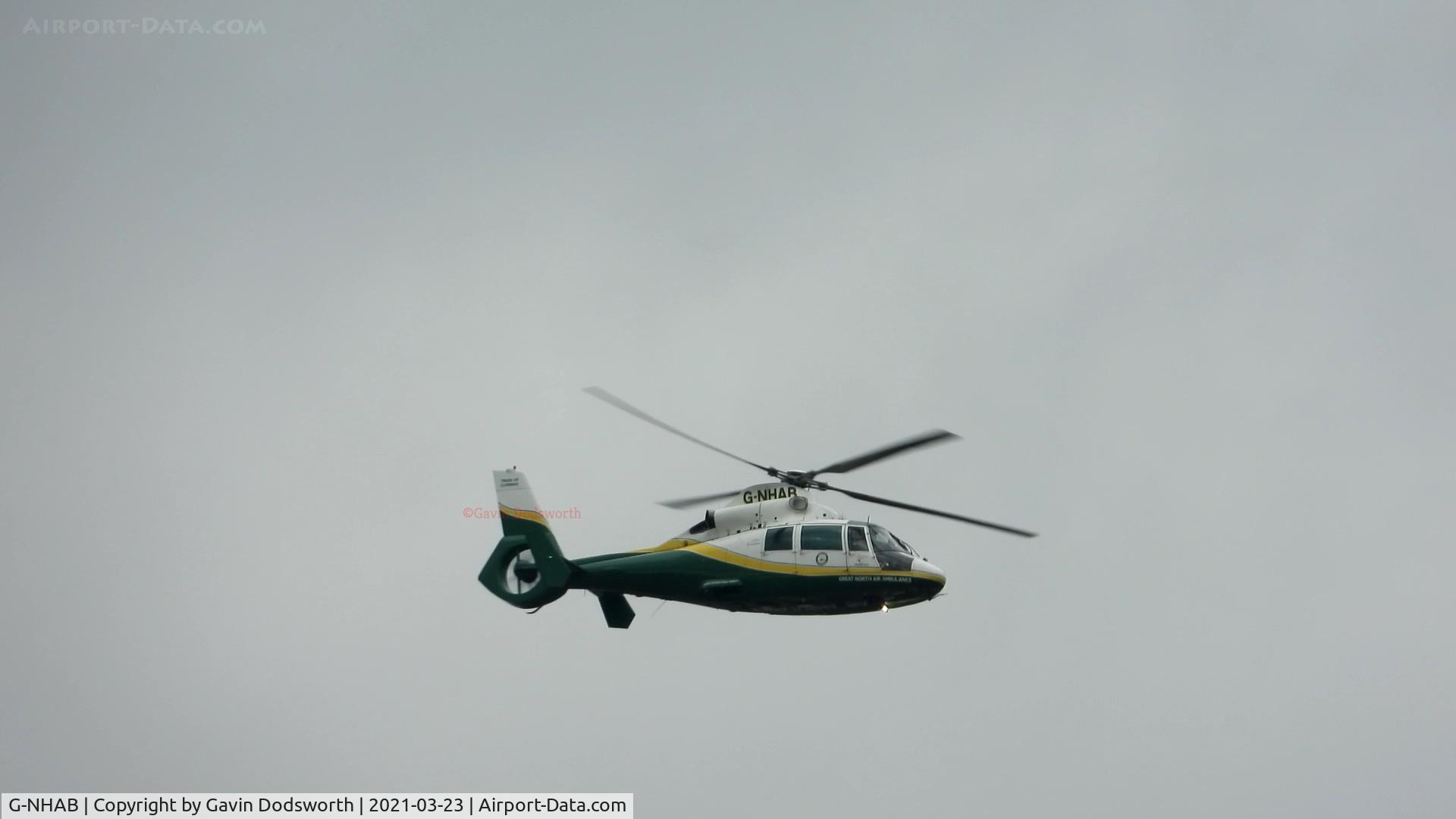 G-NHAB, 1991 Aerospatiale AS-365N-2 Dauphin C/N 6407, Helimed 58 'Pride Of Cumbria' Over Darlington on Monday 23rd March 2021