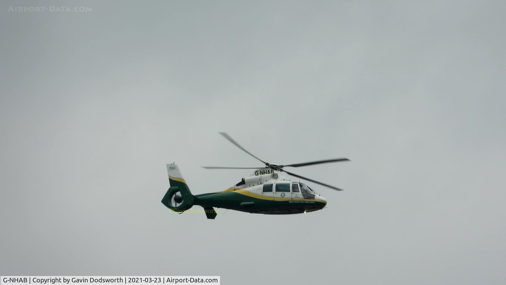 G-NHAB, 1991 Aerospatiale AS-365N-2 Dauphin C/N 6407, Helimed 58 'Pride Of Cumbria' Over Darlington on Monday 23rd March 2021