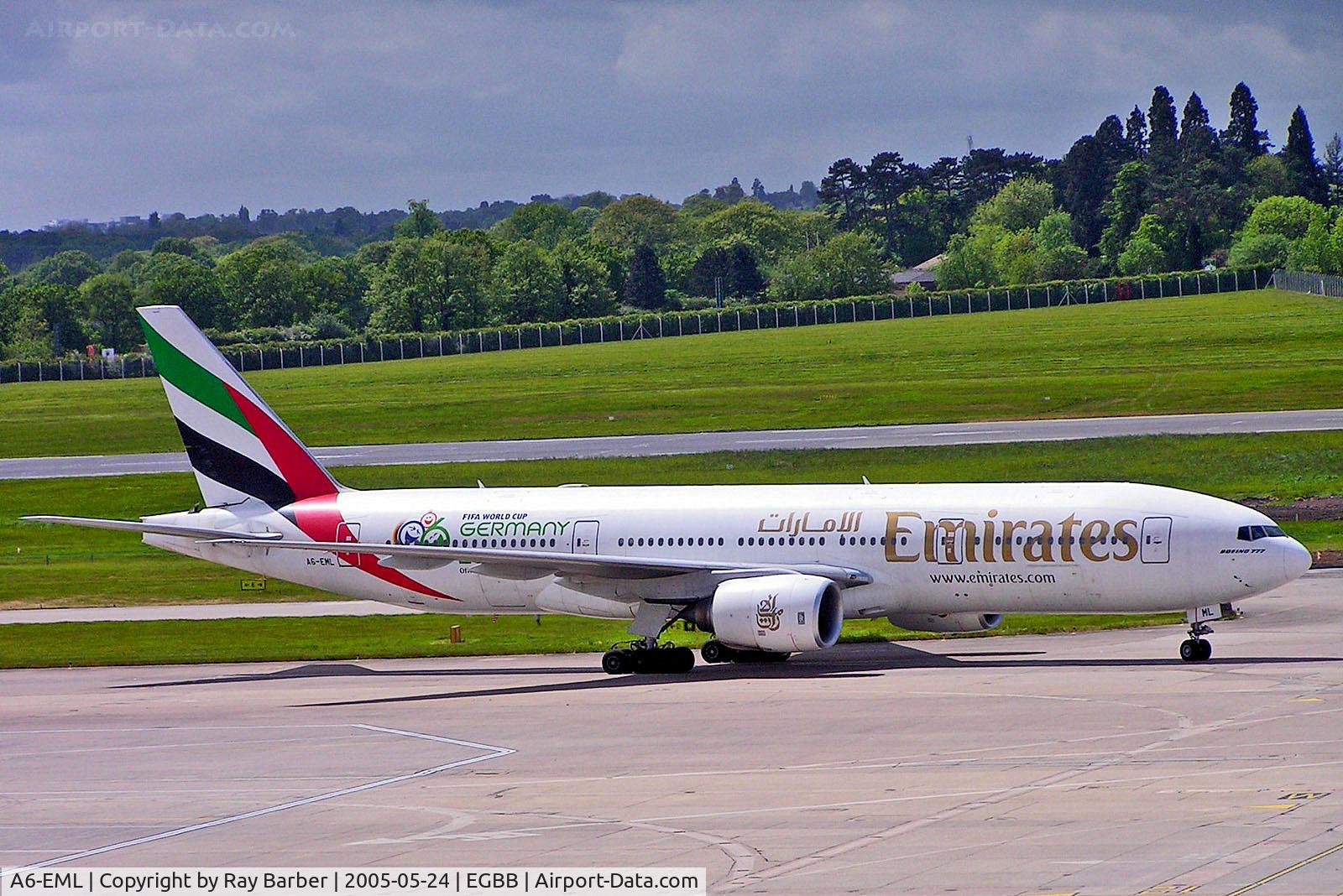 A6-EML, 1998 Boeing 777-21H/ER C/N 29325, A6-EML   Boeing 777-21HER [29325] (Emirates Airlines) Birmingham Int'l~G 24/05/2005