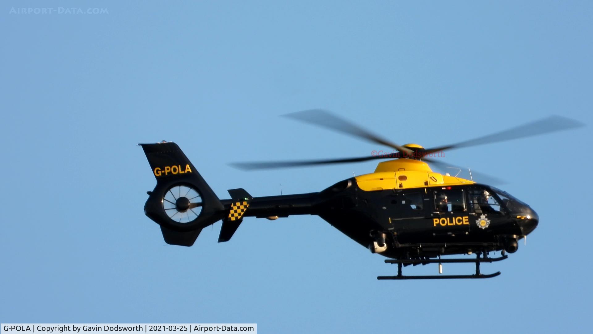 G-POLA, 2010 Eurocopter EC-135P-2+ C/N 877, Over Darlington on Thursday 25th March 2021 assisting ground officers with an incident in the Red Hall area of town
