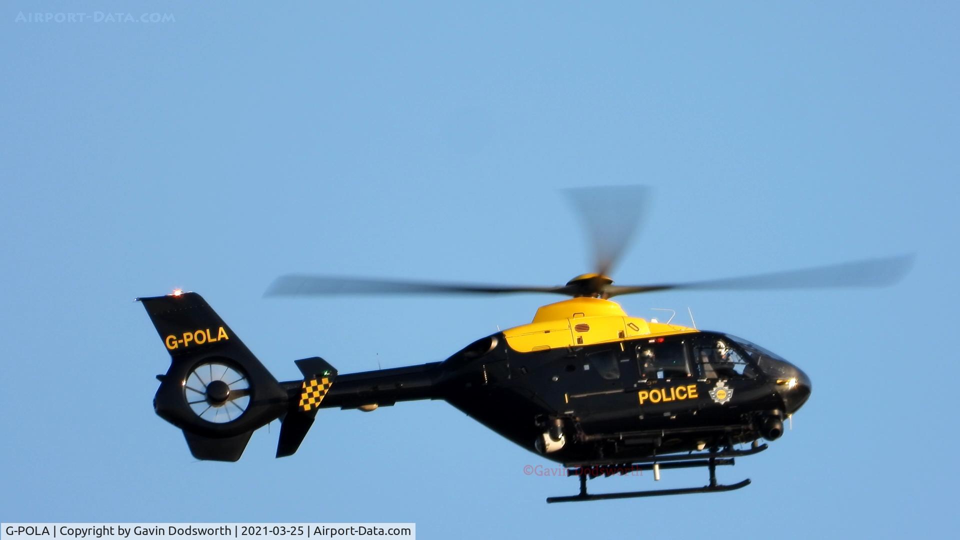 G-POLA, 2010 Eurocopter EC-135P-2+ C/N 877, Over Darlington on Thursday 25th March 2021 assisting ground officers with an incident in the Red Hall area of town
