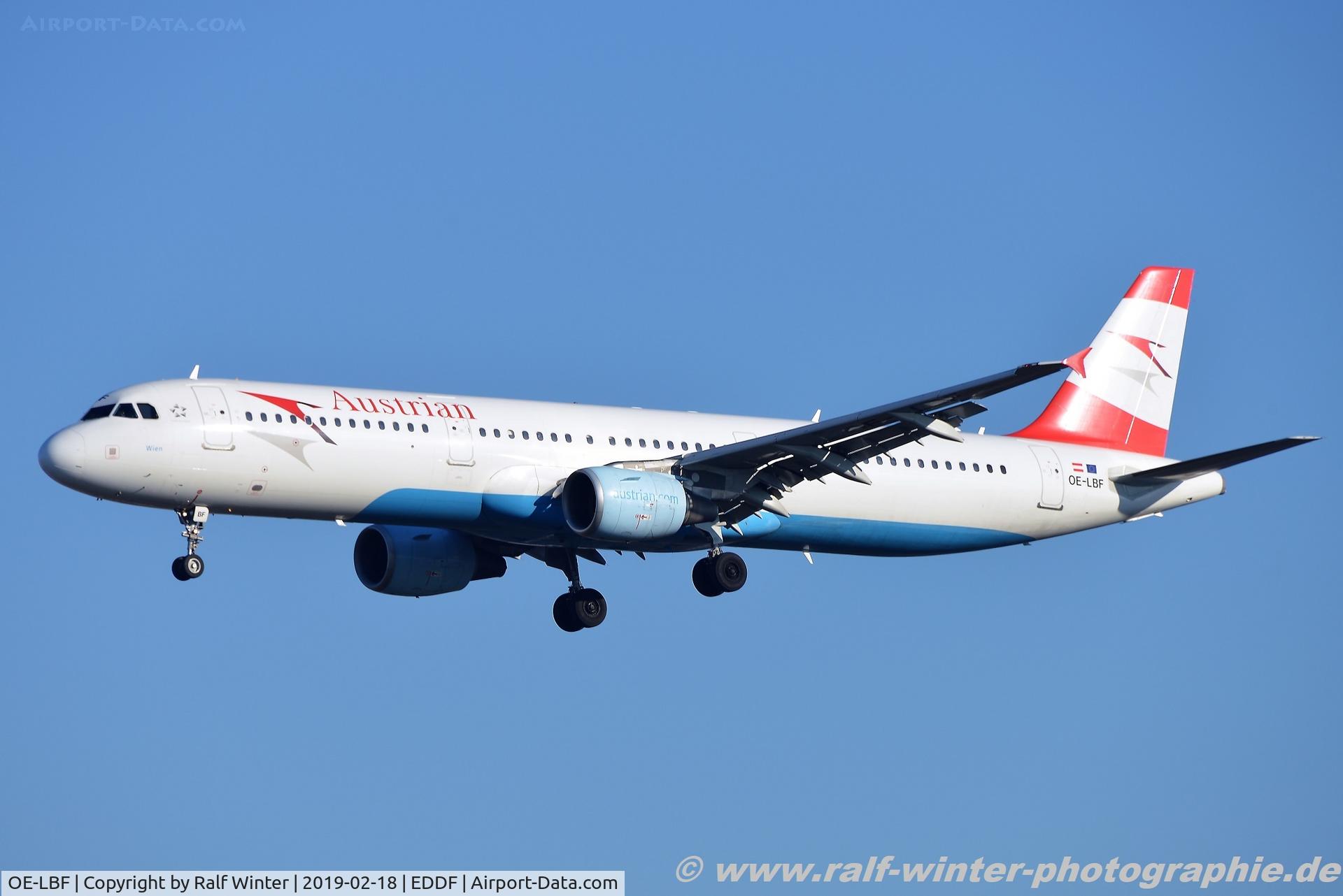 OE-LBF, 2001 Airbus A321-211 C/N 1458, Airbus A321-211 - OS AUA Austrian Airlines 'Wien' - 1458 - OE-LBF - 18.02.2019 - FRA