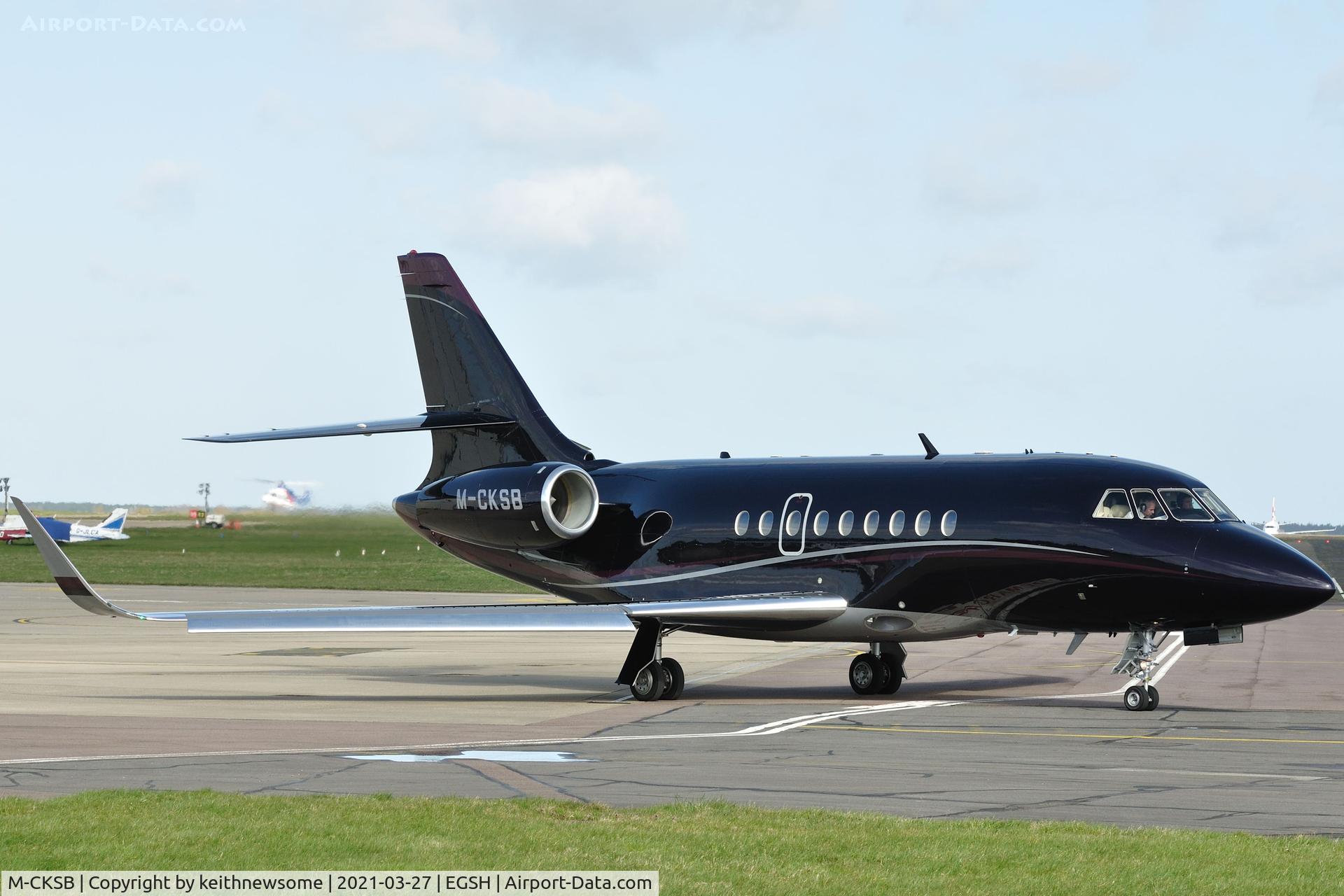 M-CKSB, 1995 Dassault Falcon 2000 C/N 6, Leaving Norwich for Manchester.