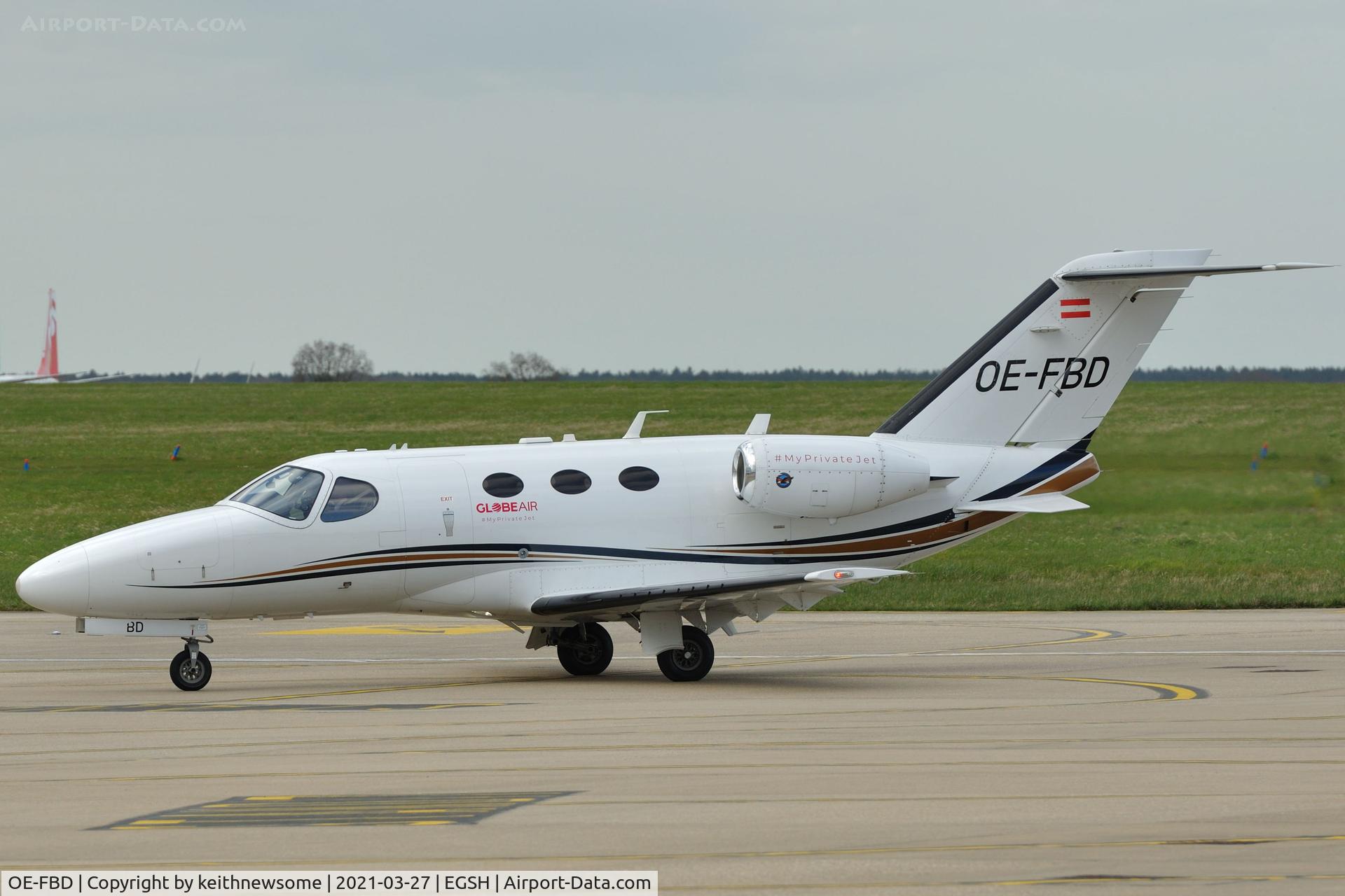 OE-FBD, 2010 Cessna 510 Citation Mustang Citation Mustang C/N 510-0303, Arriving at Norwich from Paderborn, Germany.