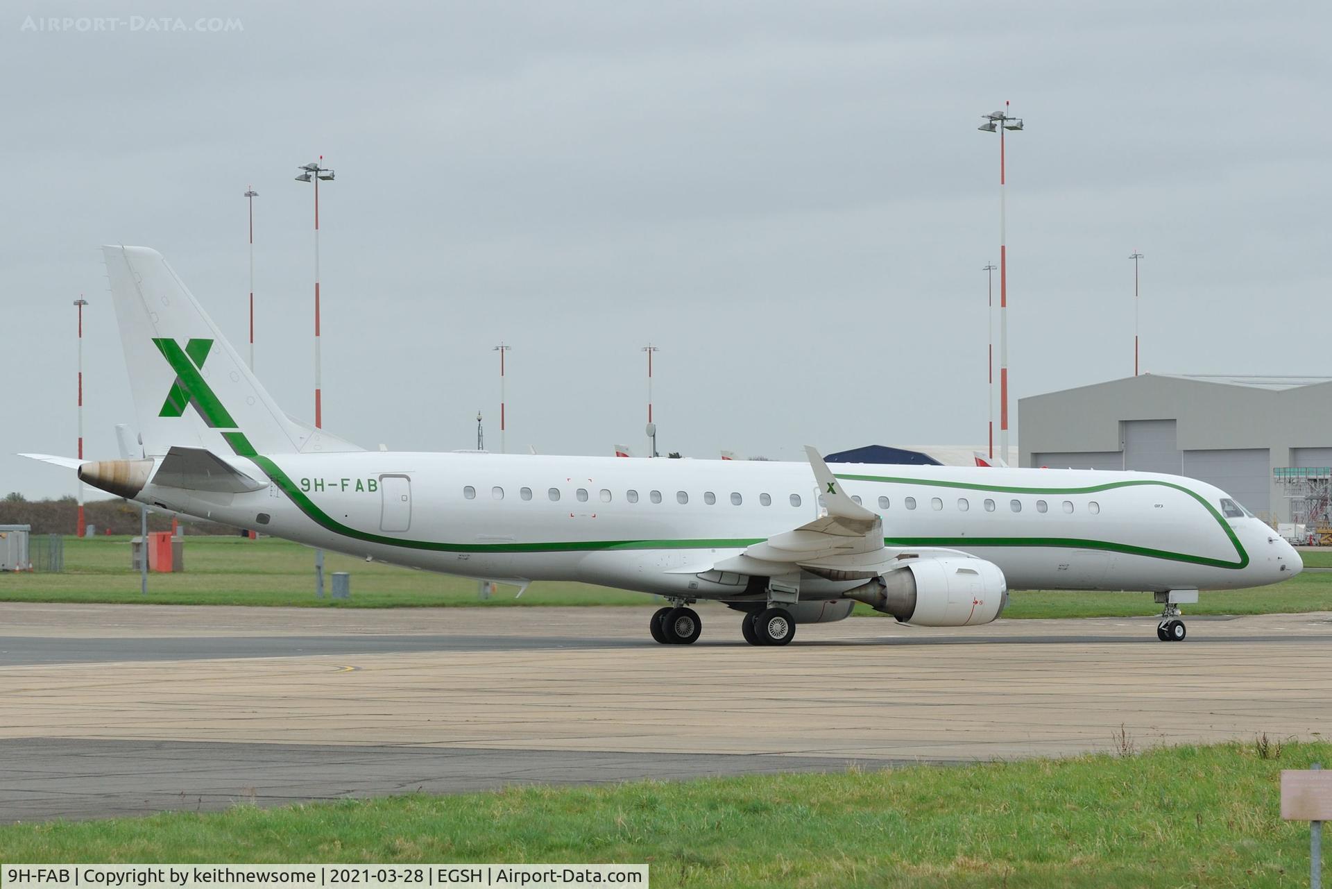 9H-FAB, 2014 Embraer ERJ-190-100ECJ Lineage 1000 C/N 19000534, Arriving at Norwich from Stansted.