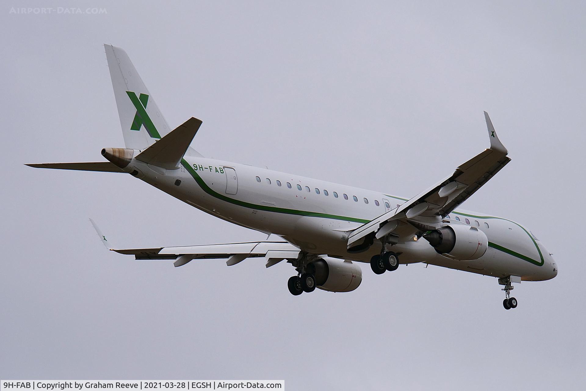 9H-FAB, 2014 Embraer ERJ-190-100ECJ Lineage 1000 C/N 19000534, On approach to Norwich.