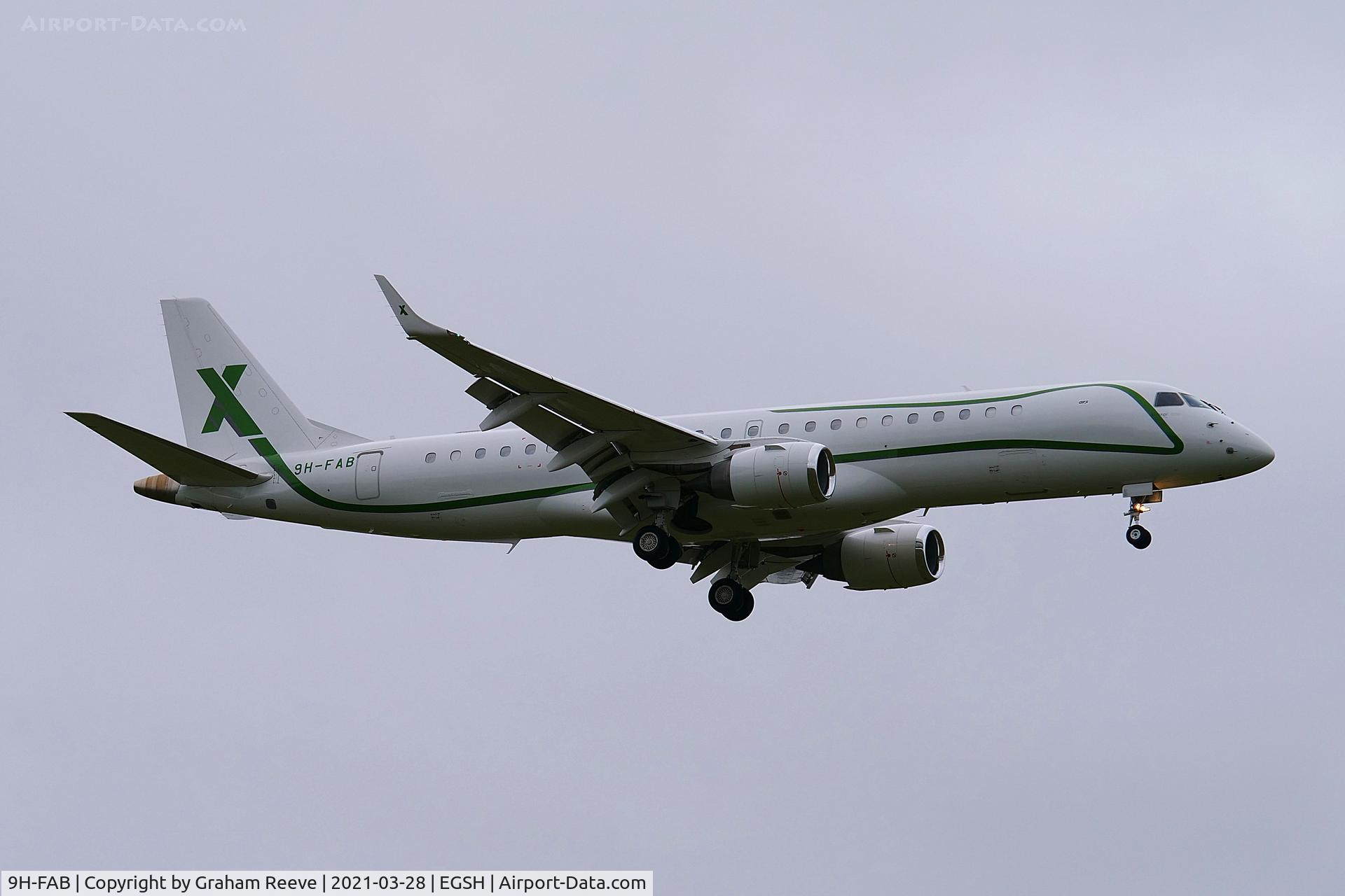 9H-FAB, 2014 Embraer ERJ-190-100ECJ Lineage 1000 C/N 19000534, On approach to Norwich.