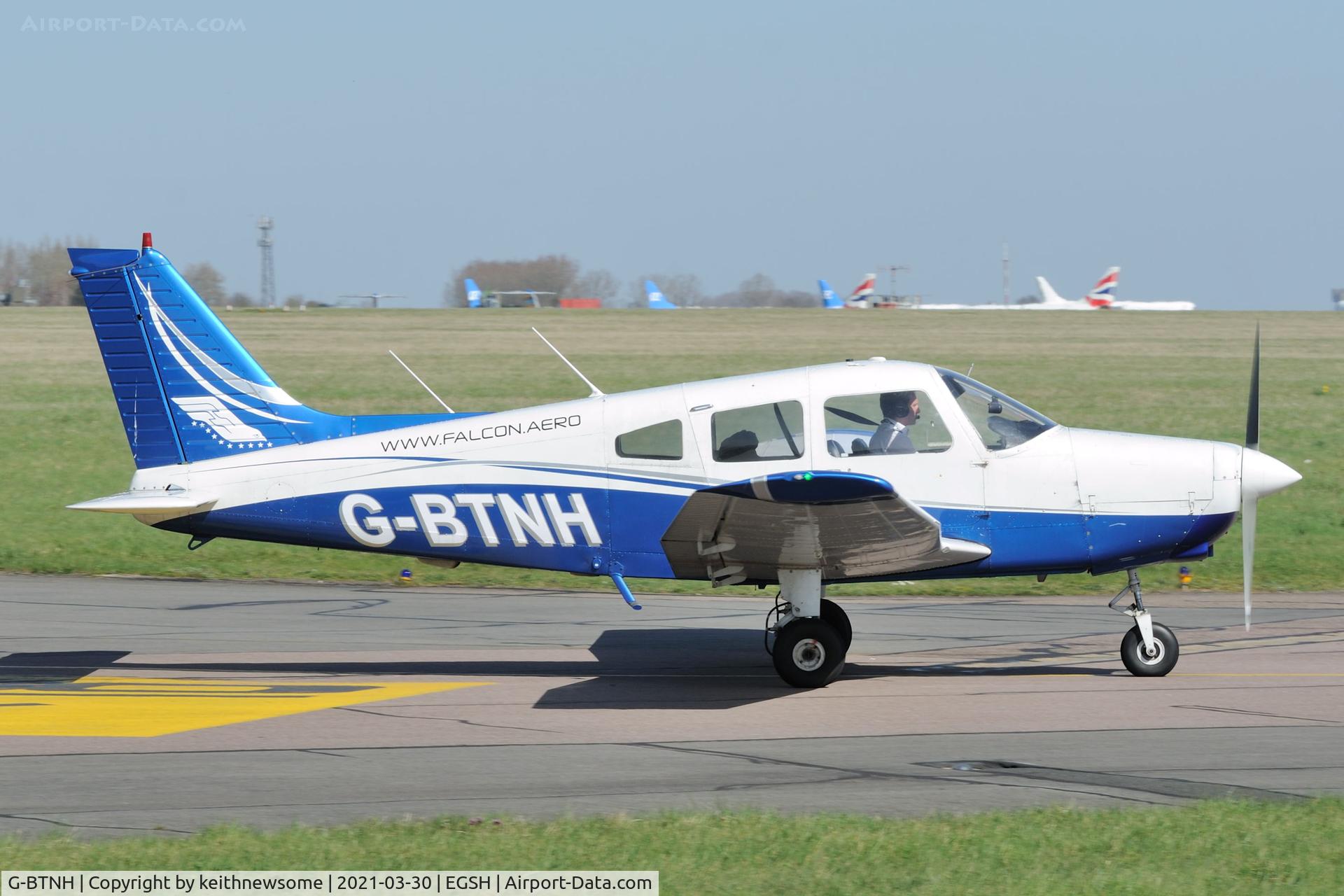G-BTNH, 1982 Piper PA-28-161 Cherokee Warrior II C/N 28-8216202, Leaving Norwich for Southend.