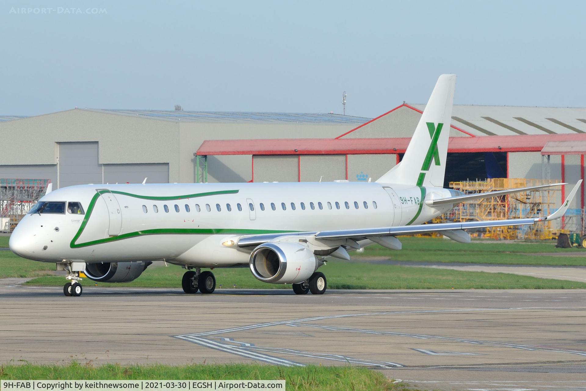 9H-FAB, 2014 Embraer ERJ-190-100ECJ Lineage 1000 C/N 19000534, Leaving Norwich for Geneva.