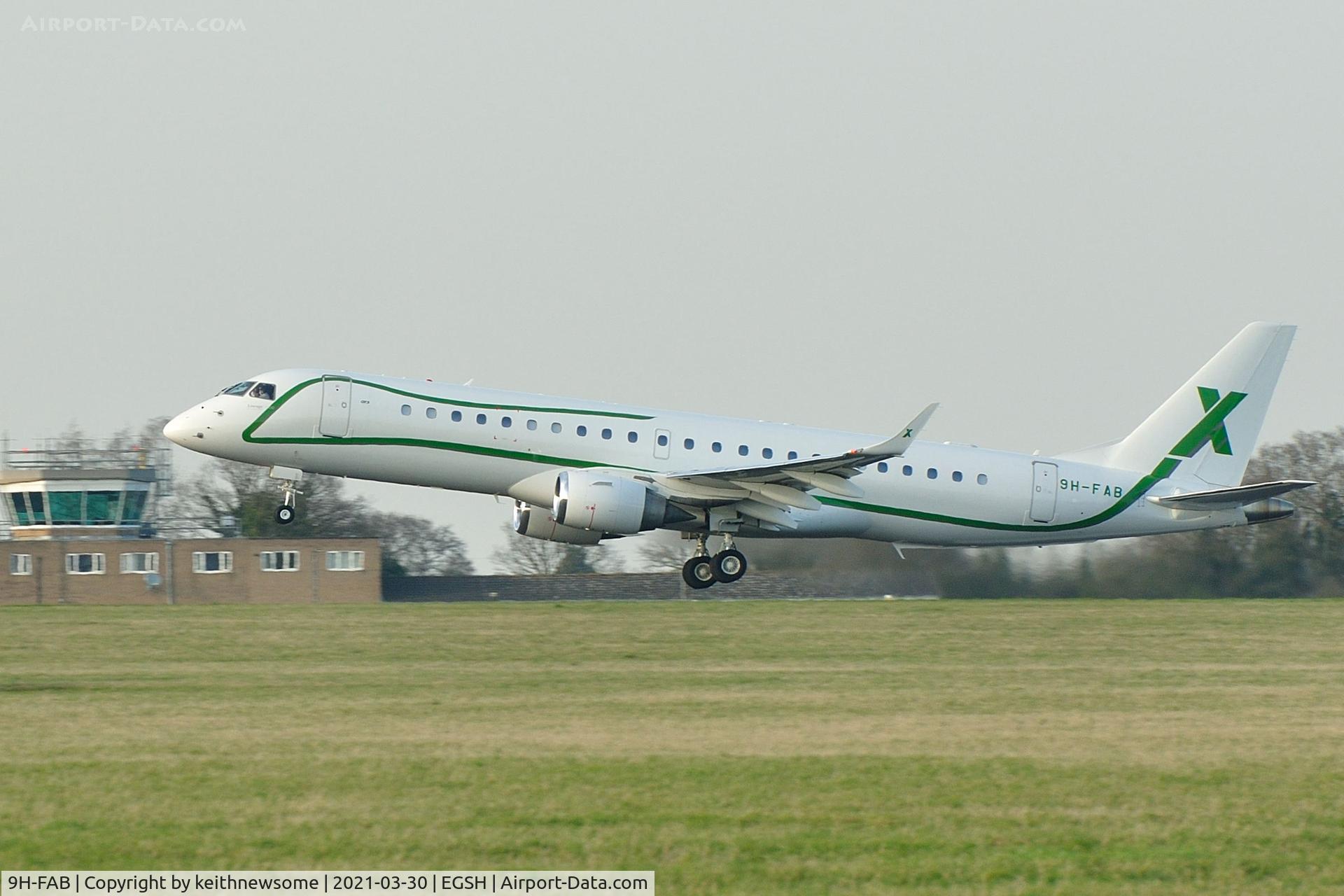 9H-FAB, 2014 Embraer ERJ-190-100ECJ Lineage 1000 C/N 19000534, Leaving Norwich for Geneva.