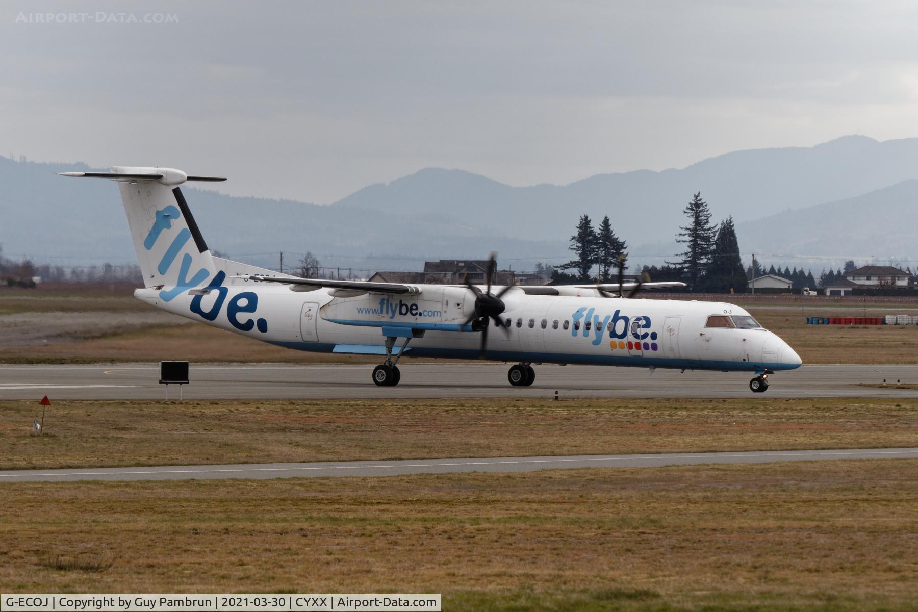 G-ECOJ, 2008 De Havilland Canada DHC-8-402Q Dash 8 C/N 4229, Just landed on 07 and taxied to the Conair ramp.  Possibly just purchased by them to add to their water bomber fleet.