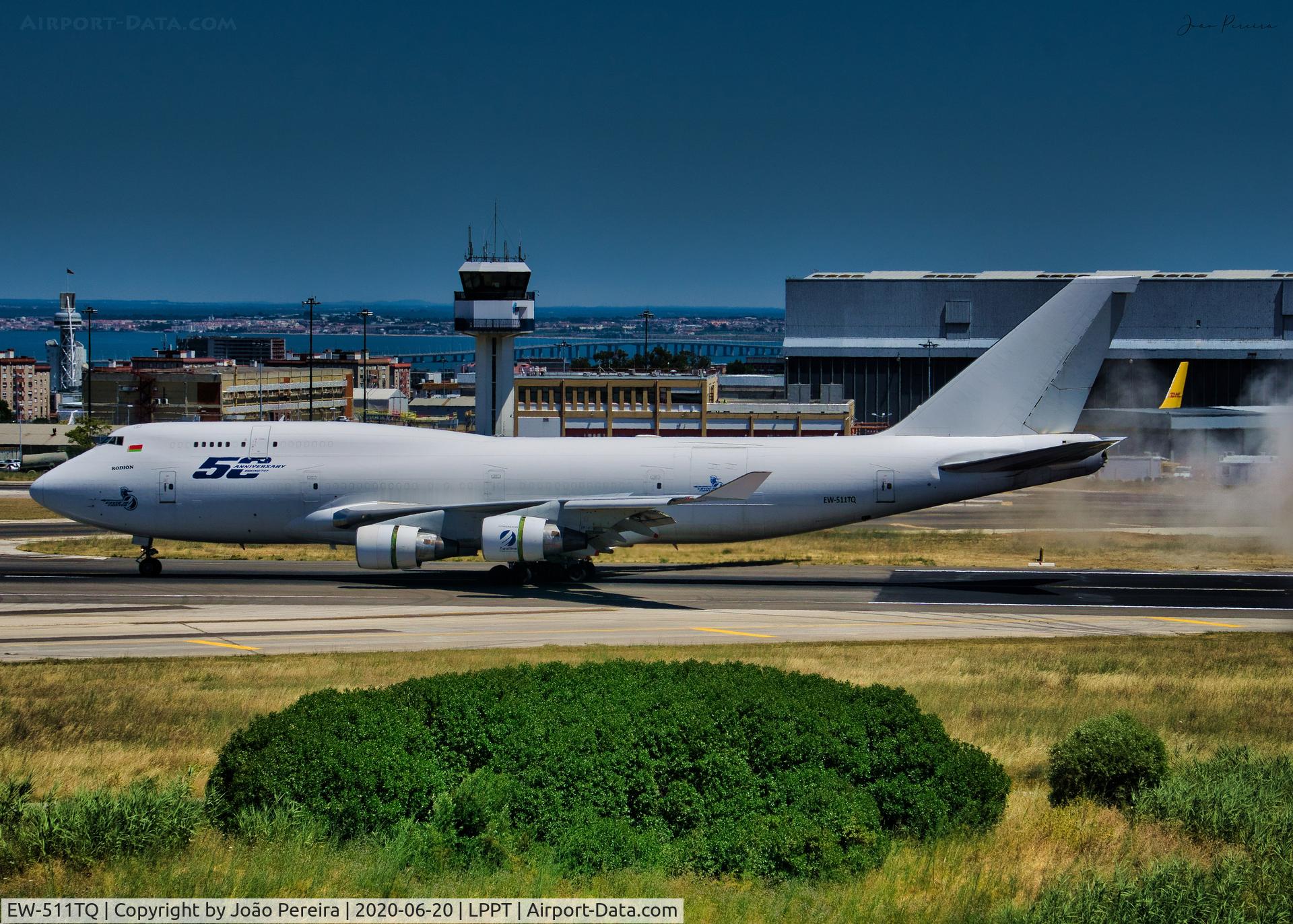 EW-511TQ, 1991 Boeing 747-412/BCF C/N 24975, Rubystar Boeing 747F landing on runway 03 at Lisbon Airport.