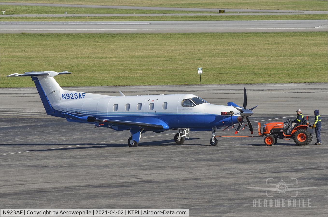 N923AF, 2021 Pilatus PC-12/47E C/N 2023, About to be towed to a hanger for the night at Tri-Cities Airport.