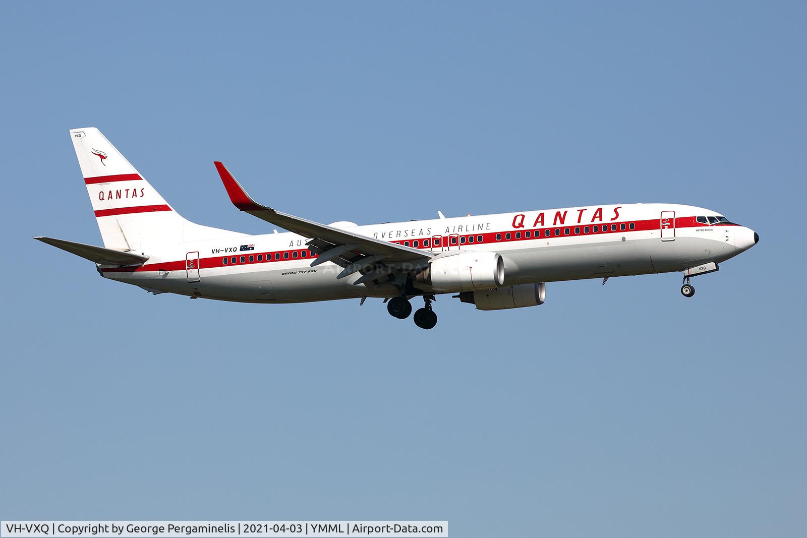 VH-VXQ, 2003 Boeing 737-838 C/N 33723, Retro Roo II on short final for runway 34.