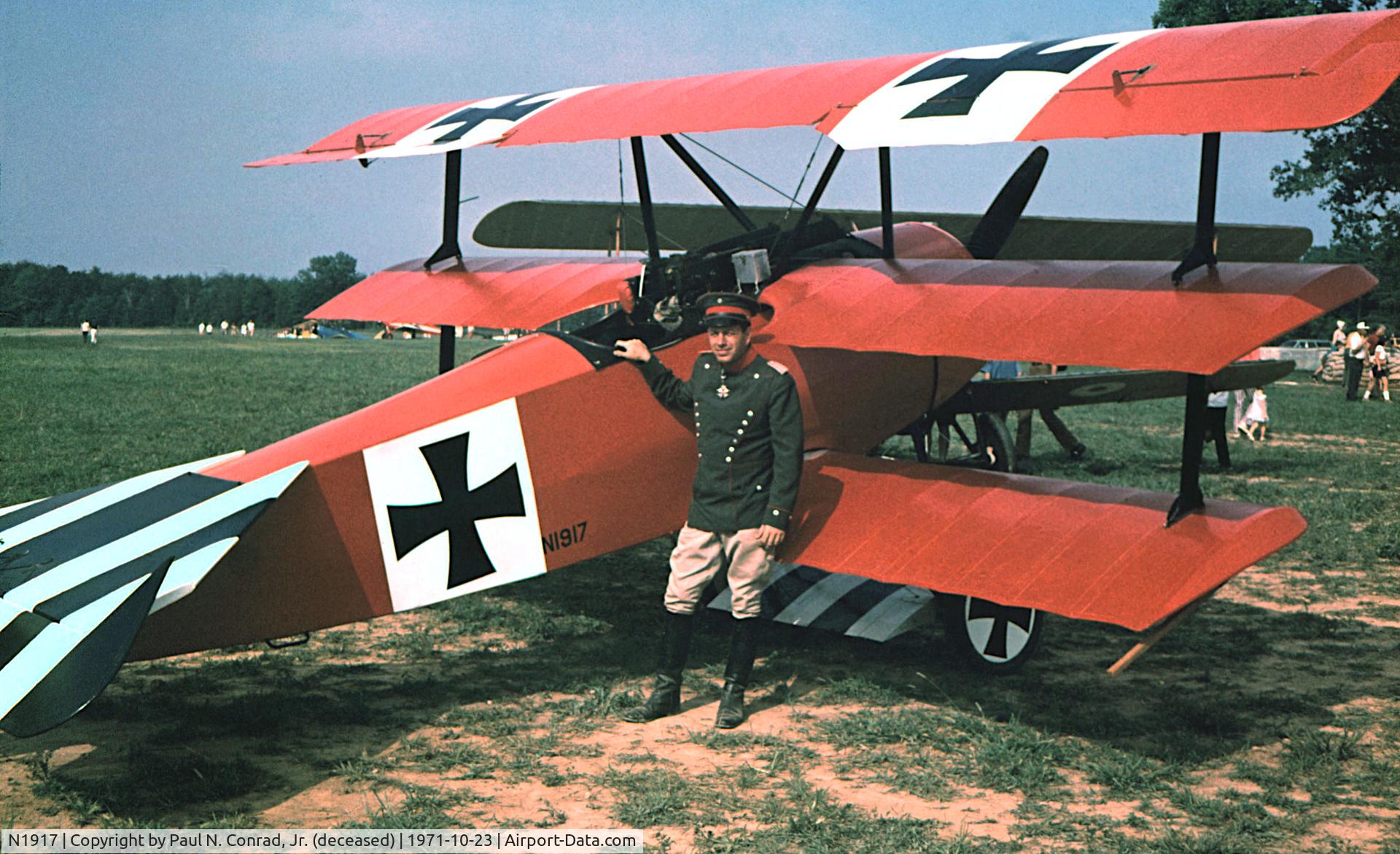 N1917, 1969 Fokker Dr.1 Triplane Replica C/N 101, Taken in 1971 at the Flying Circus Aerodrome in Bealton, VA.  Date is approximate but definitely in October of 1971.