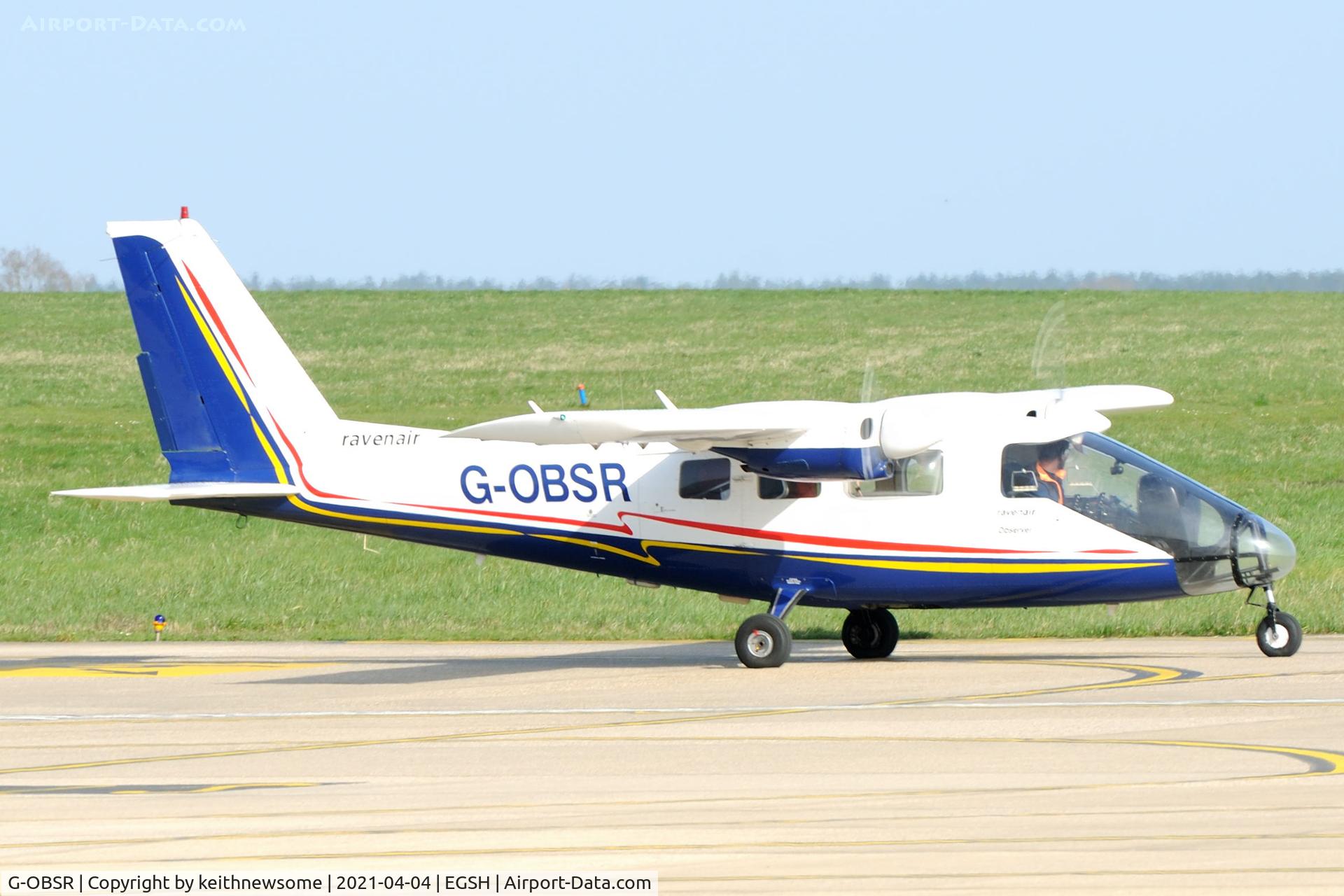 G-OBSR, 1980 Partenavia P-68 Observer C/N 236-01-OB, Leaving Norwich.
