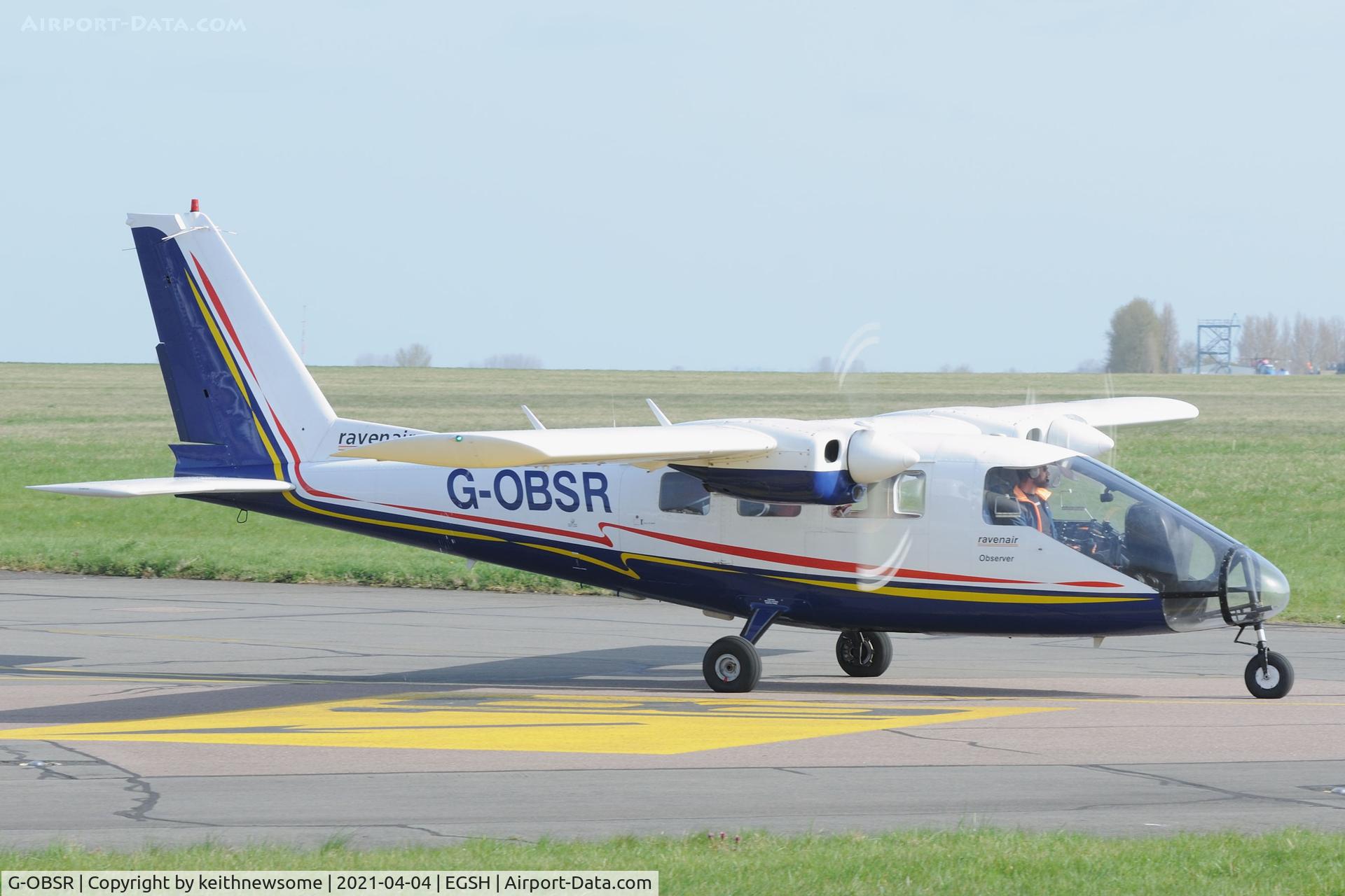 G-OBSR, 1980 Partenavia P-68 Observer C/N 236-01-OB, Leaving Norwich.