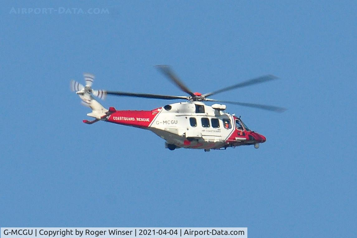 G-MCGU, 2014 Leonardo AW-189 C/N 92007, Off airport near Swansea Airport (EGFH). Rescue 187 returning to base at St Athan Airfield, Wales.