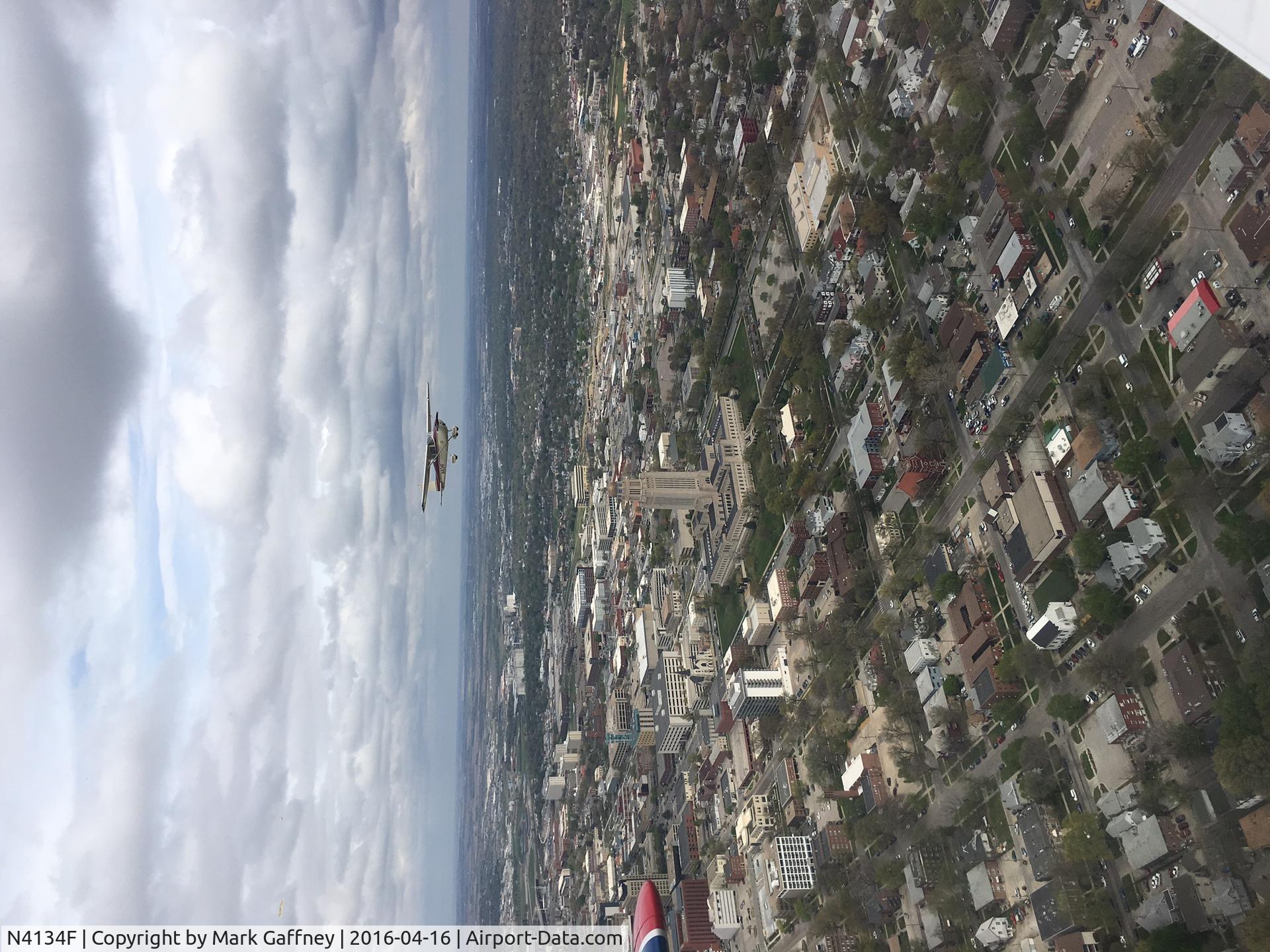 N4134F, 1958 Cessna 172 C/N 46034, Picture taken of N4134F over Lincoln, Nebraska following a three ship formation fly-over of Memorial Stadium during the spring football game in 2016. The formation flight was conducted by the University of Nebraska Flying Club.
