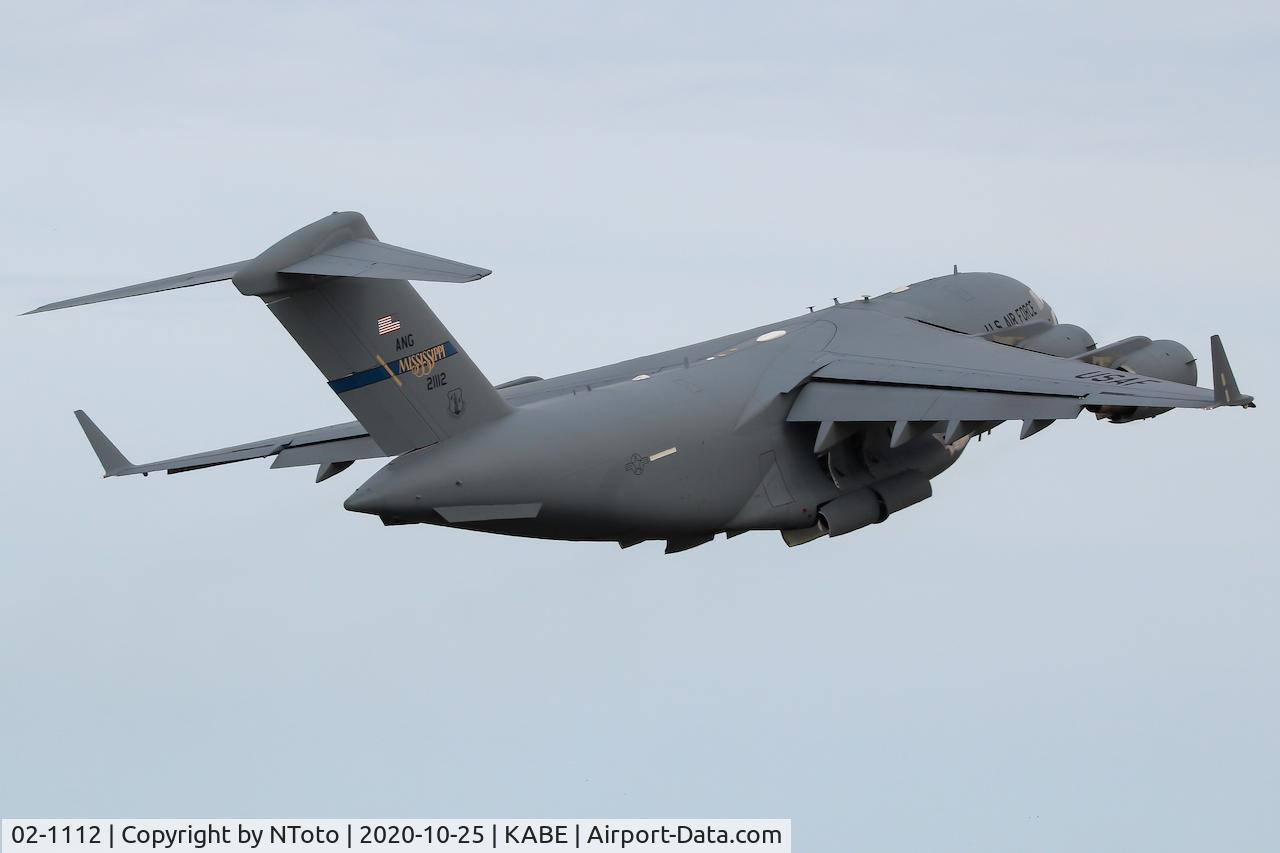 02-1112, 2002 Boeing C-17A Globemaster III C/N P-112, Departing ABE as a tango bird.