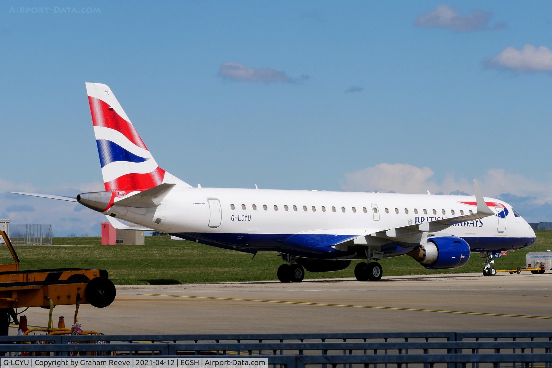 G-LCYU, 2014 Embraer 190SR (ERJ-190-100SR) C/N 19000674, Under tow at Norwich.