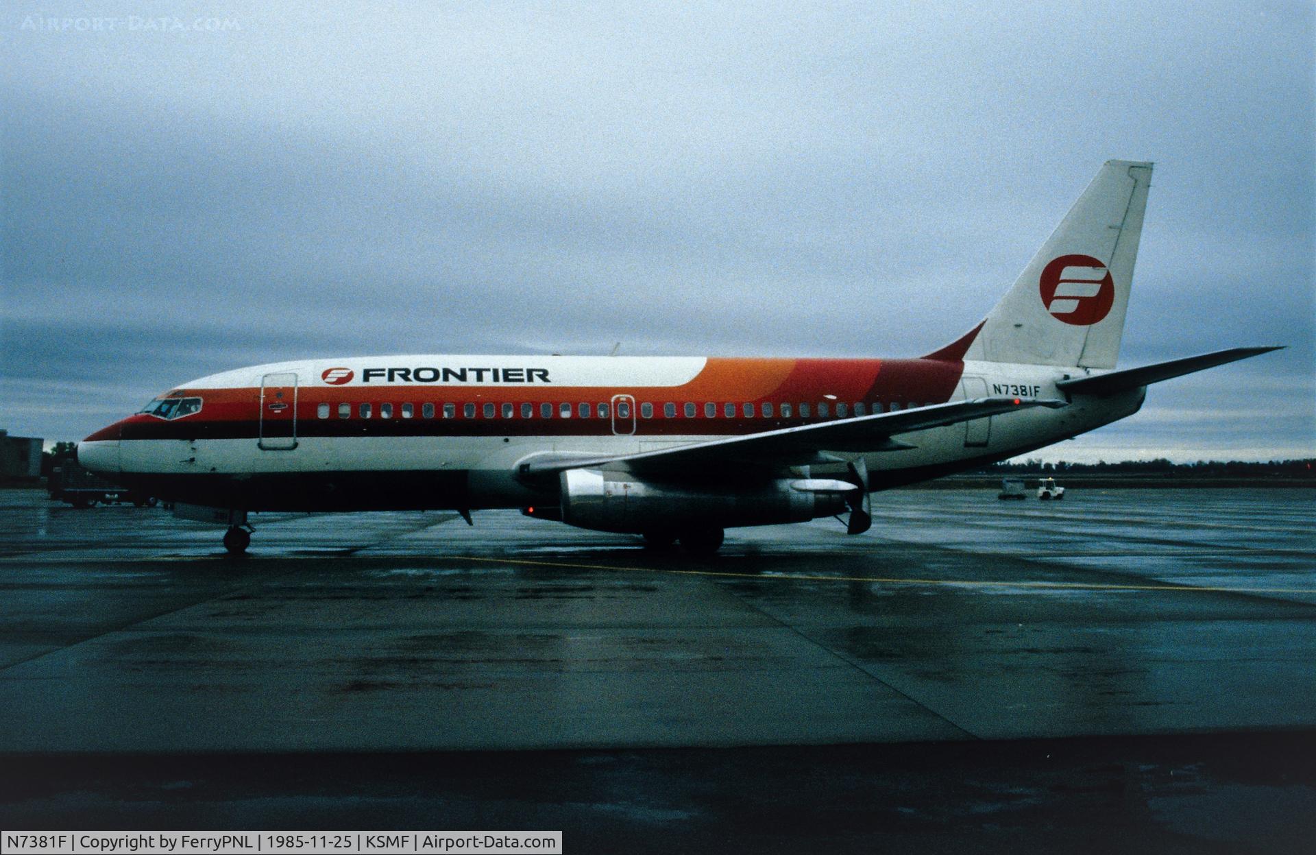 N7381F, 1970 Boeing 737-2H4 C/N 20369, Frontier taxiing backwards using its reversers