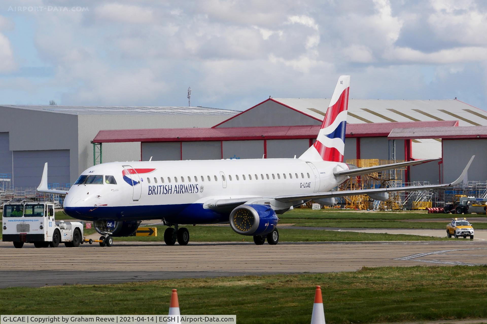 G-LCAE, 2012 Embraer ERJ 190-100LR C/N 19000539, Under tow at Norwich.