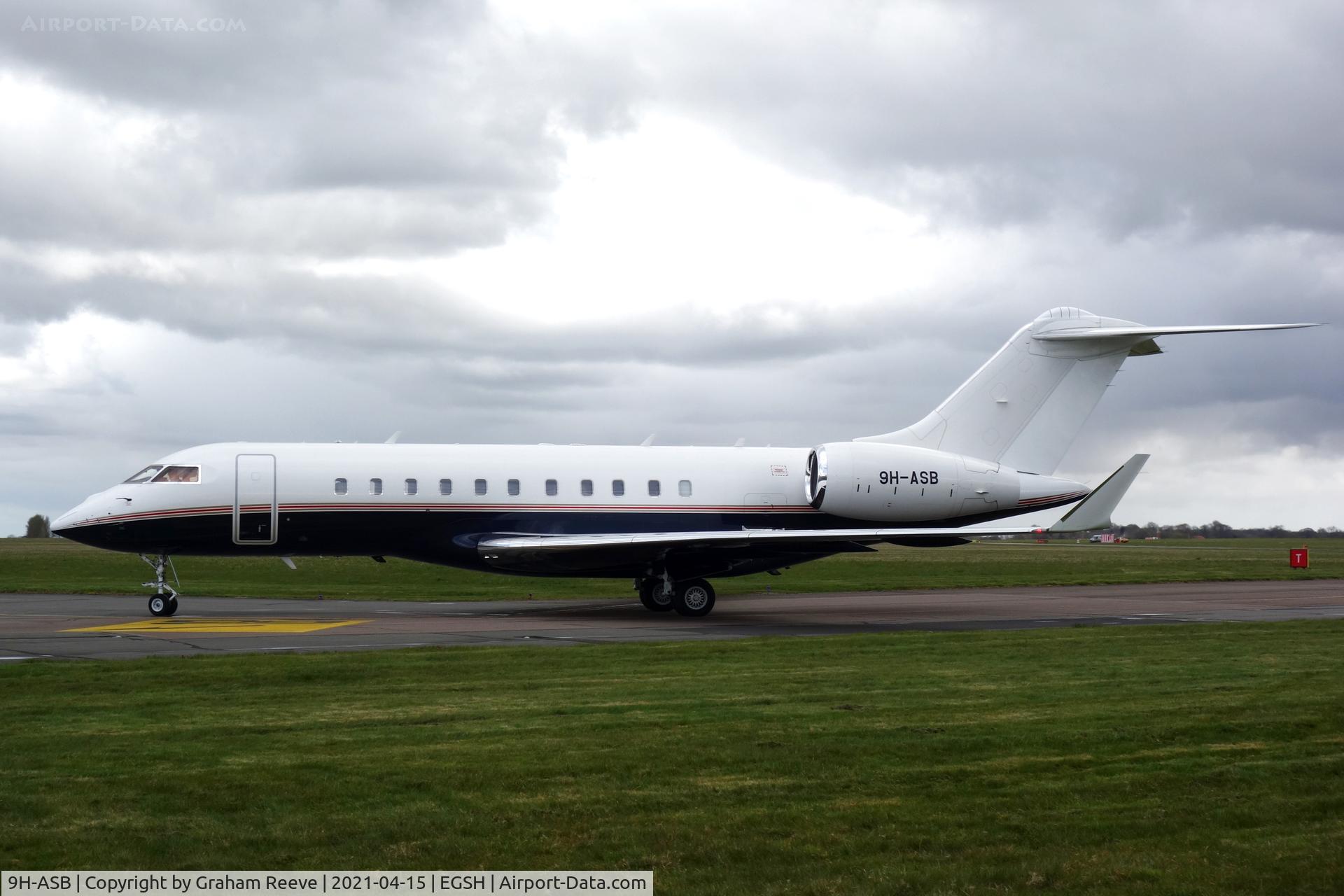 9H-ASB, 2007 Bombardier BD-700-1A11 Global 5000 C/N 9273, Just landed at Norwich.