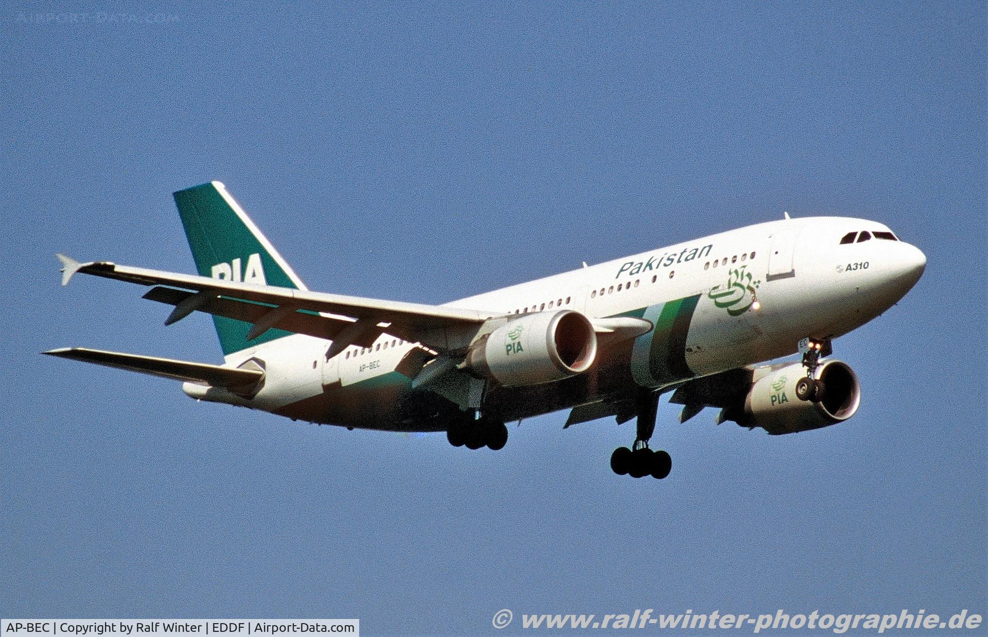 AP-BEC, 1991 Airbus A310-308 C/N 590, Airbus A310-308 - PK PIA Pakistan International Airlines - 590 - AP-BEC - 1996 - FRA