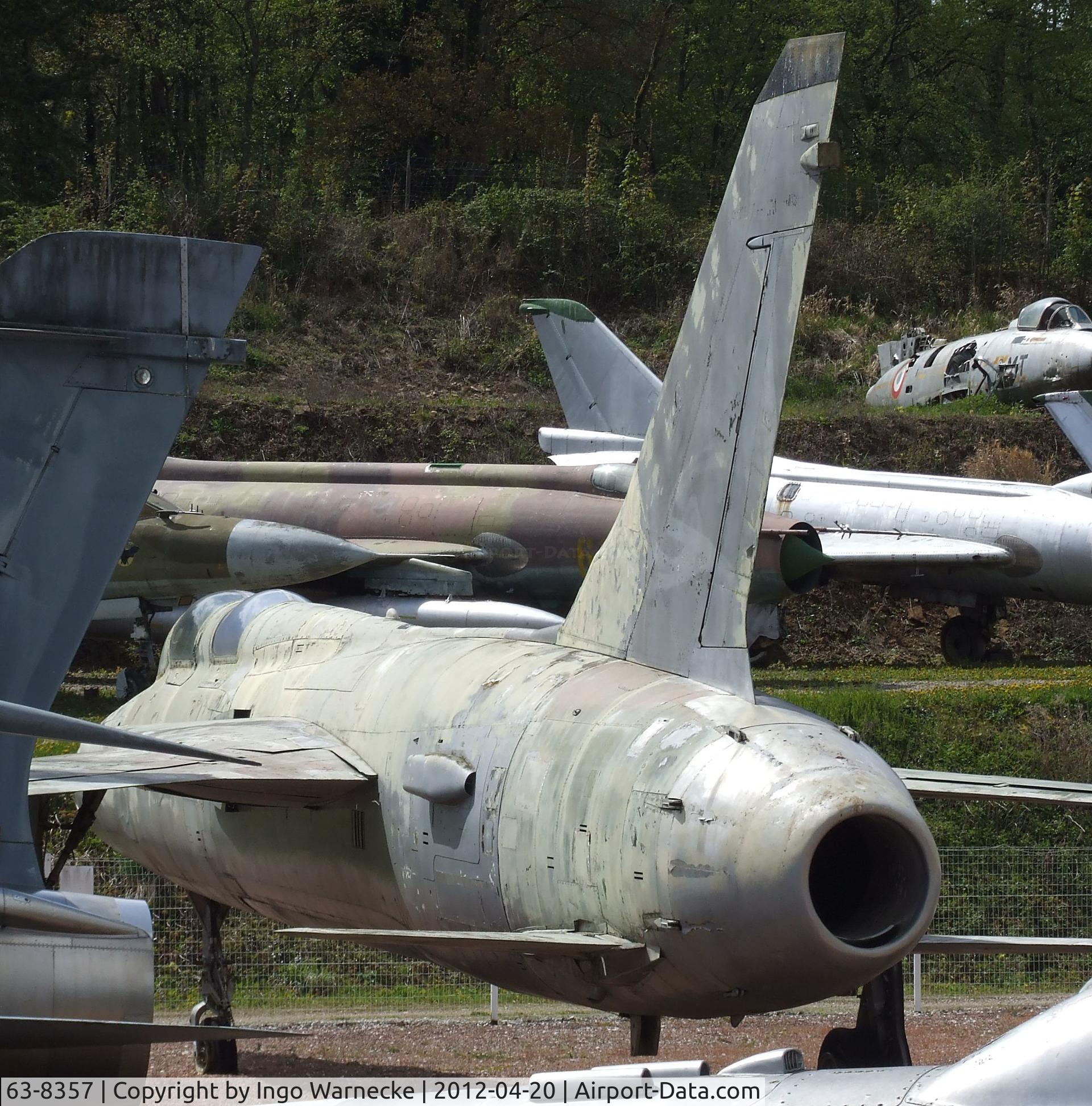 63-8357, Republic F-105F Thunderchief C/N F134, Republic F-105F Thunderchief at the Musee de l'Aviation du Chateau, Savigny-les-Beaune (did this aircraft get its non-standard tail exhaust and bulged canopies while serving as a battle damage repair trainer? Who knows more about this?)