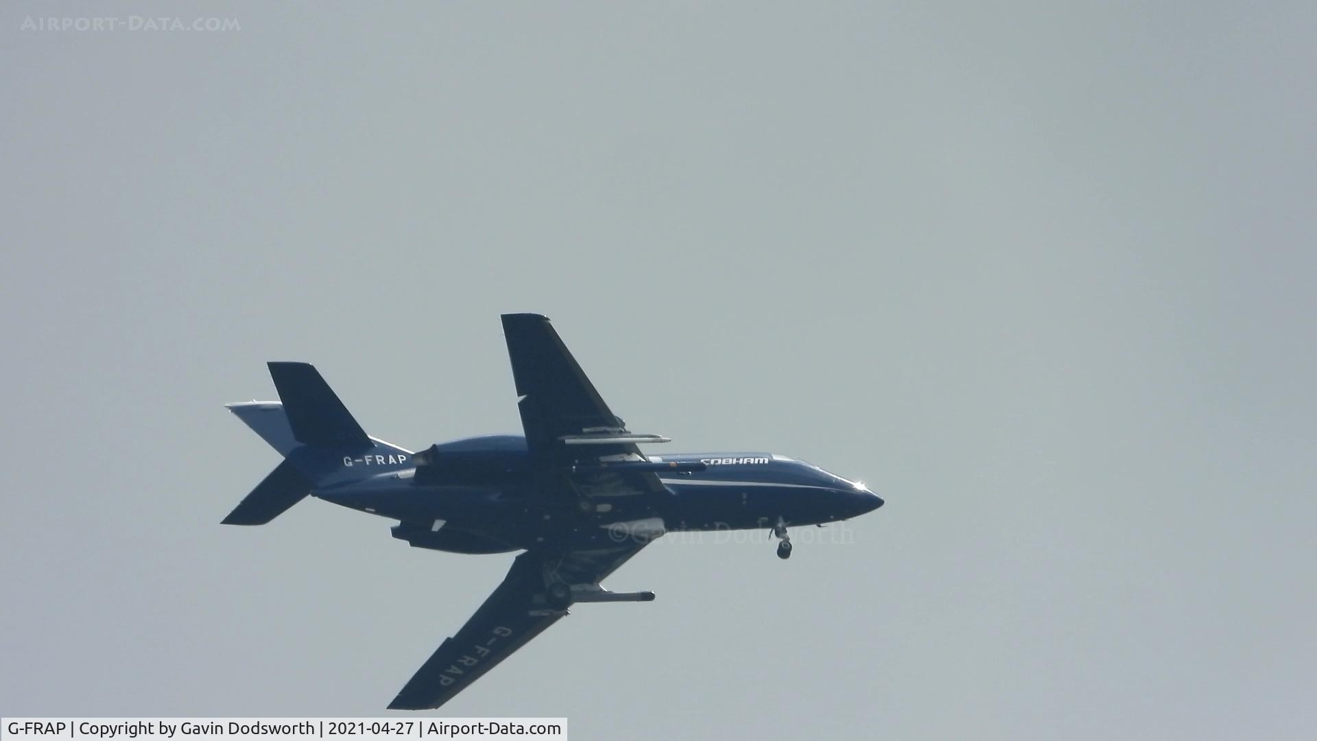 G-FRAP, 1969 Dassault Falcon 20DC C/N 207, Draken Europe with the old Cobham titles over Darlington inbound to Teesside Airport on Tuesday 27th April 2021