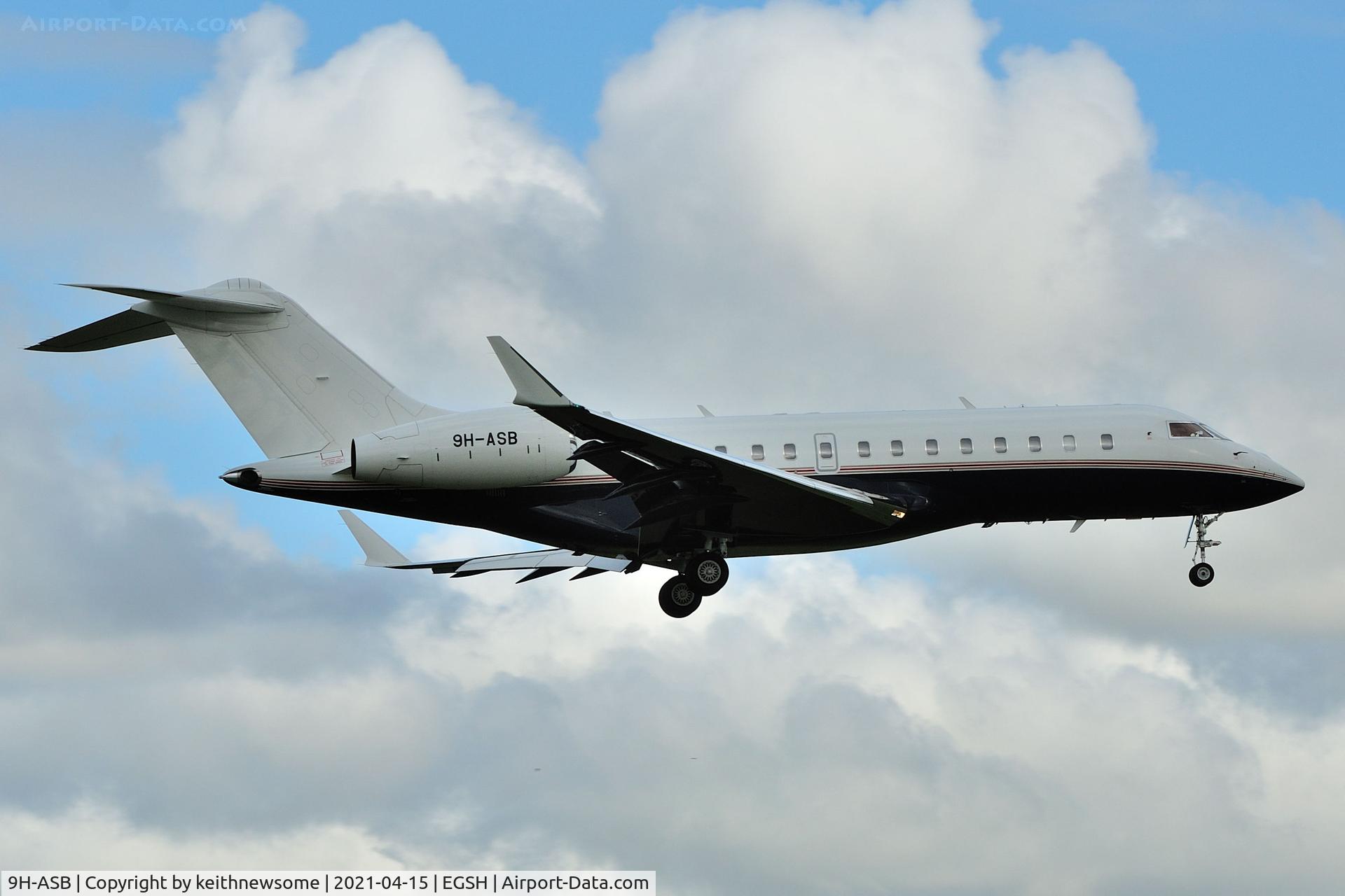 9H-ASB, 2007 Bombardier BD-700-1A11 Global 5000 C/N 9273, Arriving at Norwich.