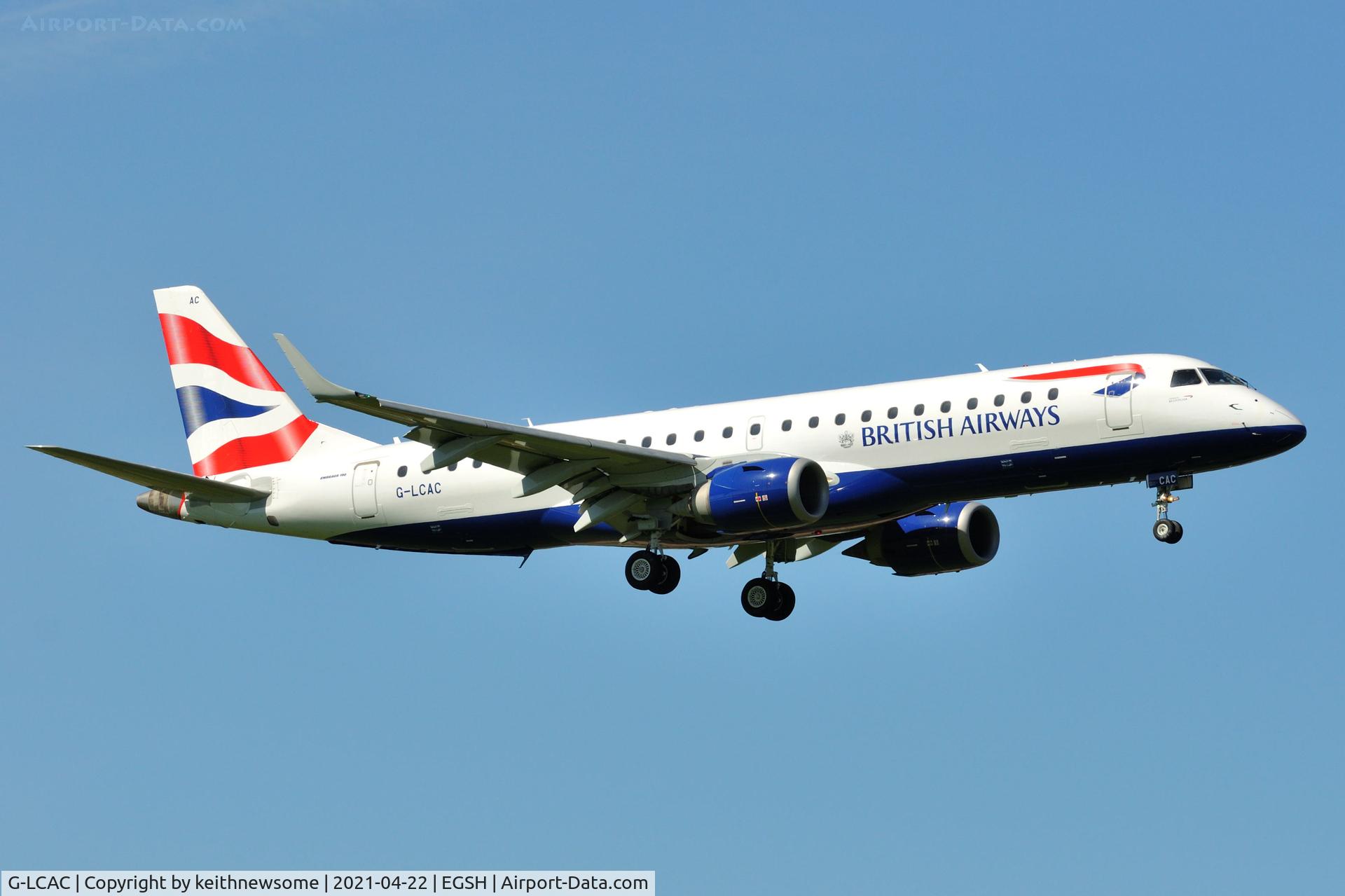 G-LCAC, 2012 Embraer 190LR (ERJ-190-100LR) C/N 19000513, Returning to Norwich following air test.
