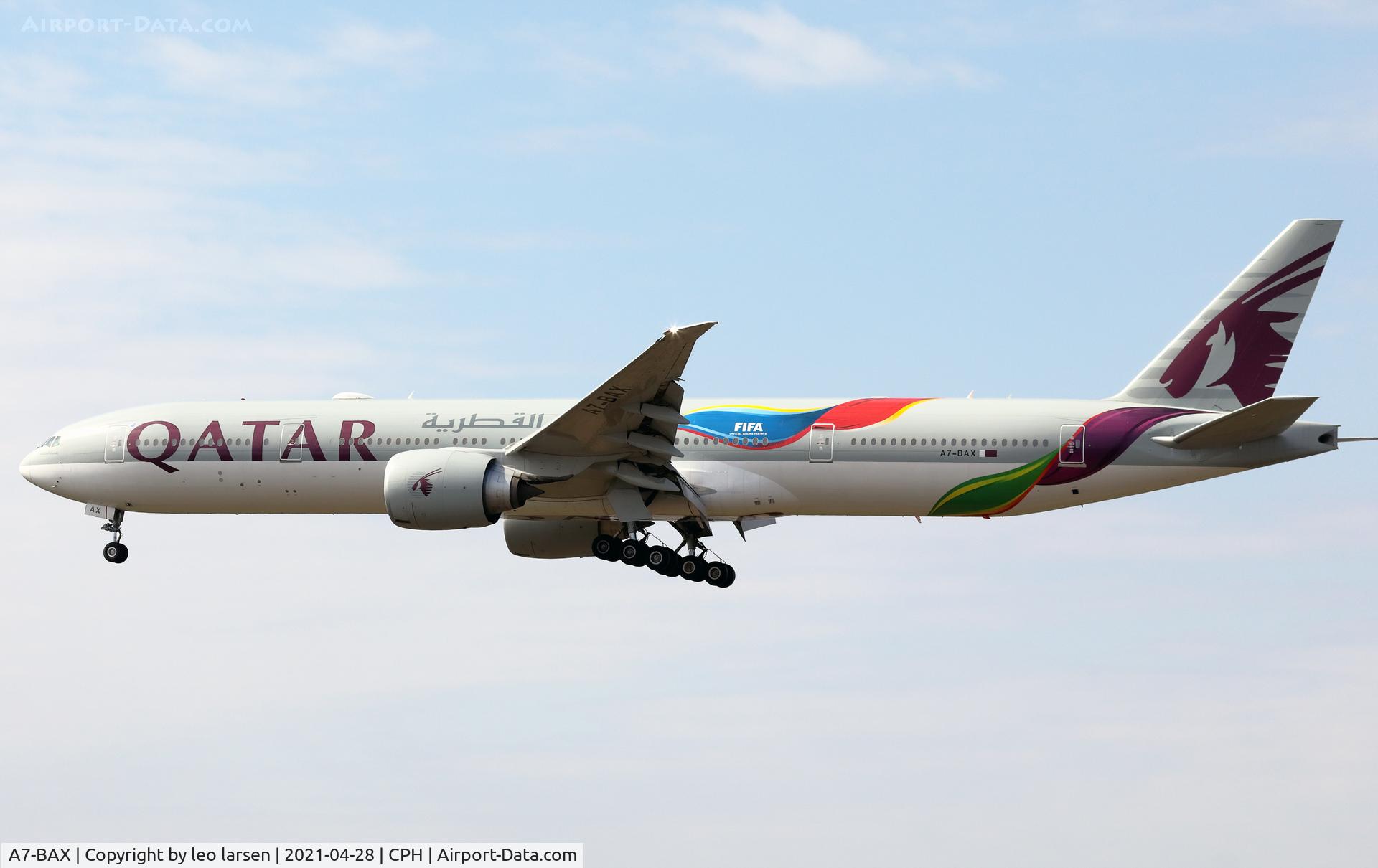 A7-BAX, 2012 Boeing 777-3DZ/ER C/N 41780, Copenhagen 28.4.2021.With FIFA official Airline Partner
