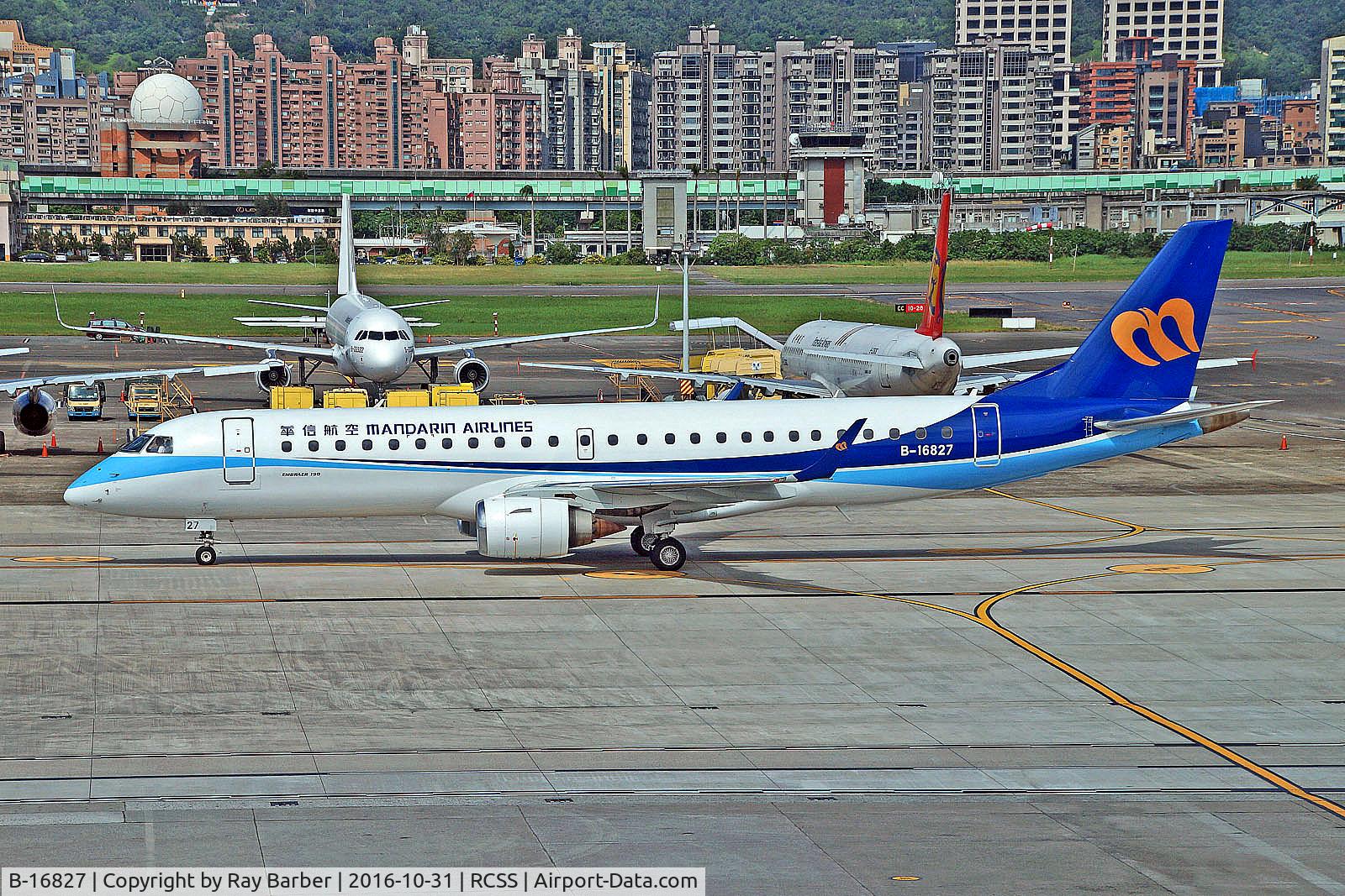 B-16827, 2008 Embraer 190AR (ERJ-190-100IGW) C/N 19000182, B-16827   Embraer ERJ-190-100AR [19000182] (Mandarin Airlines) Taipei-Songshan~B-T 31/10/2016