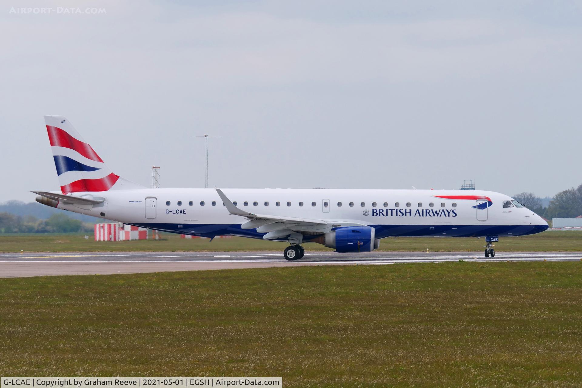 G-LCAE, 2012 Embraer ERJ 190-100LR C/N 19000539, Departing from Norwich.