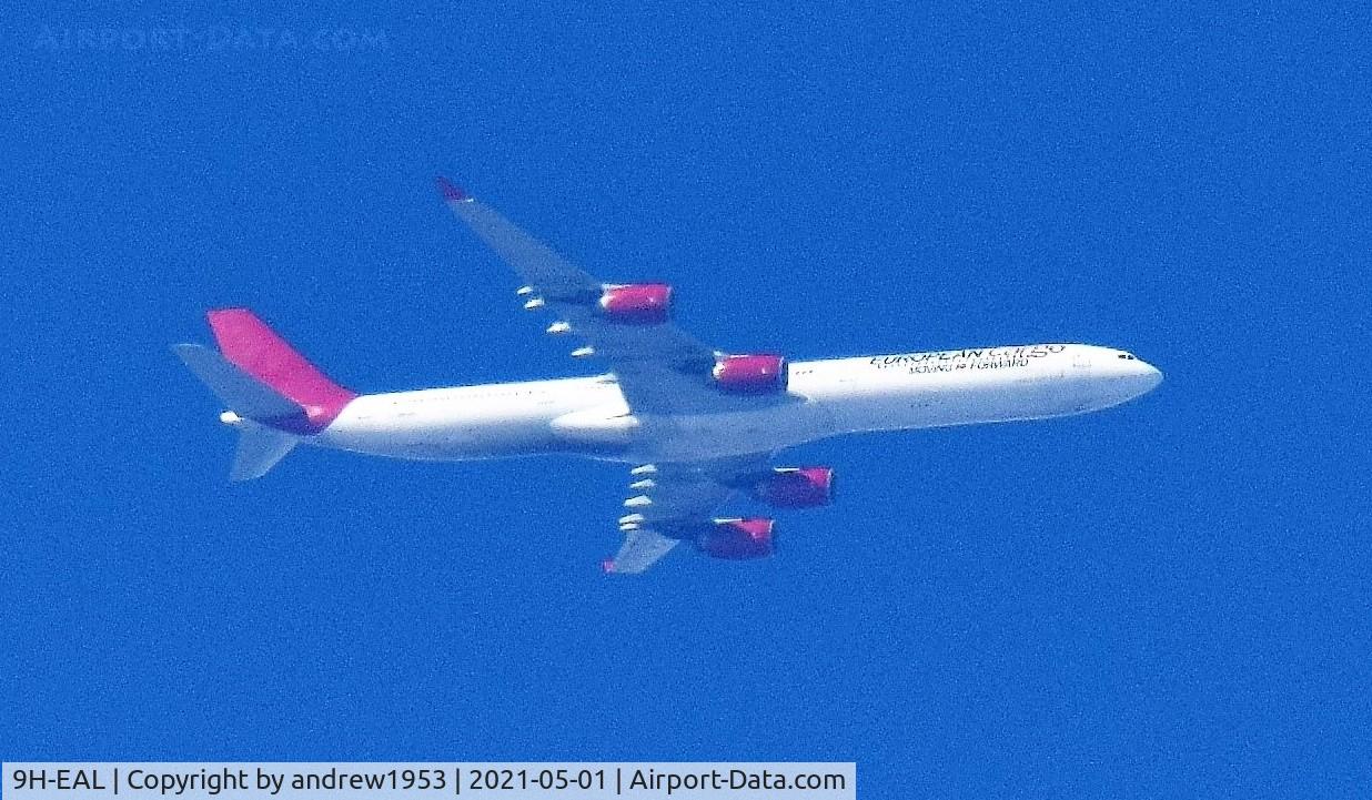 9H-EAL, 2005 Airbus A340-642 C/N 622, 9H-EAL over the Bristol Channel @20,000ft.