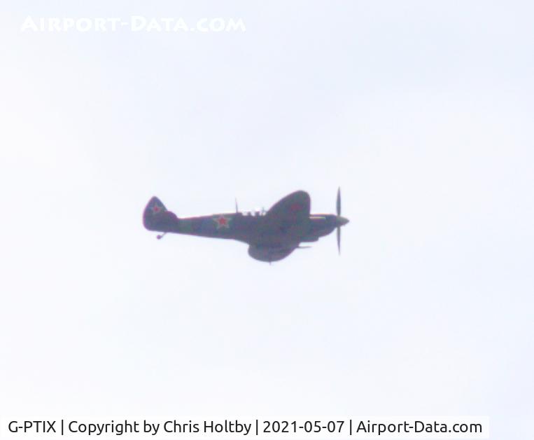 G-PTIX, 1944 Supermarine 361 Spitfire F.IXc C/N CBAF.IX.2922, Past Potters Bar, Herts out of North Weald Essex. Also designated as PT879. A very distant shot but the only photo of this 'Russian' Spitfire on A-D. Restored from crash wreckage recovered from Murmansk the only flying Spitfire in its 1944 Russian livery.