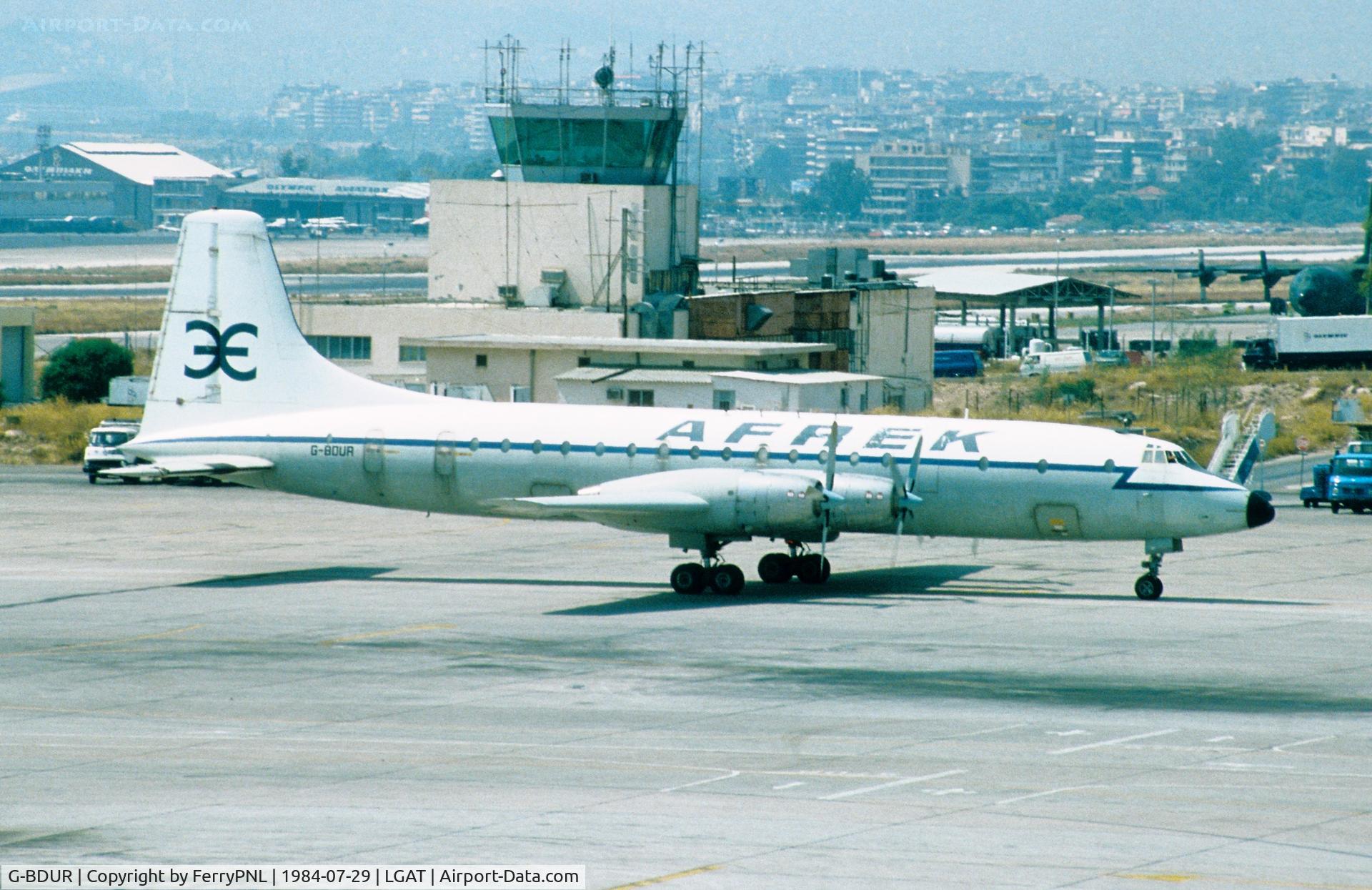 G-BDUR, 1960 Bristol Britannia C.1 (175 Britannia 253F) C/N 13513, Afrek CL44 at its base in ATH