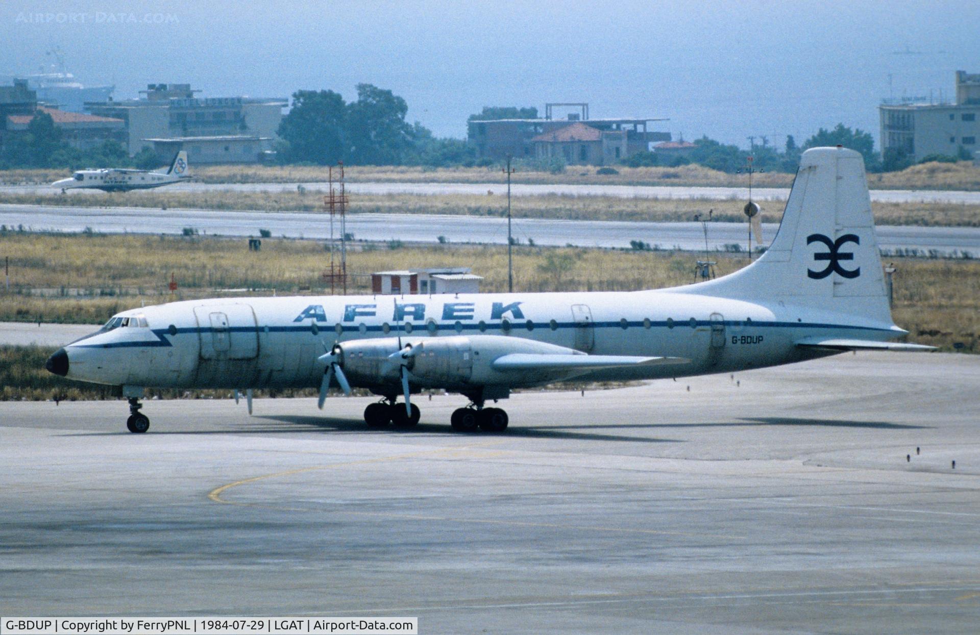 G-BDUP, 1959 Bristol Britannia C.1 (175 Britannia 253F) C/N 13508, Afrek CL44 entering the apron in ATH