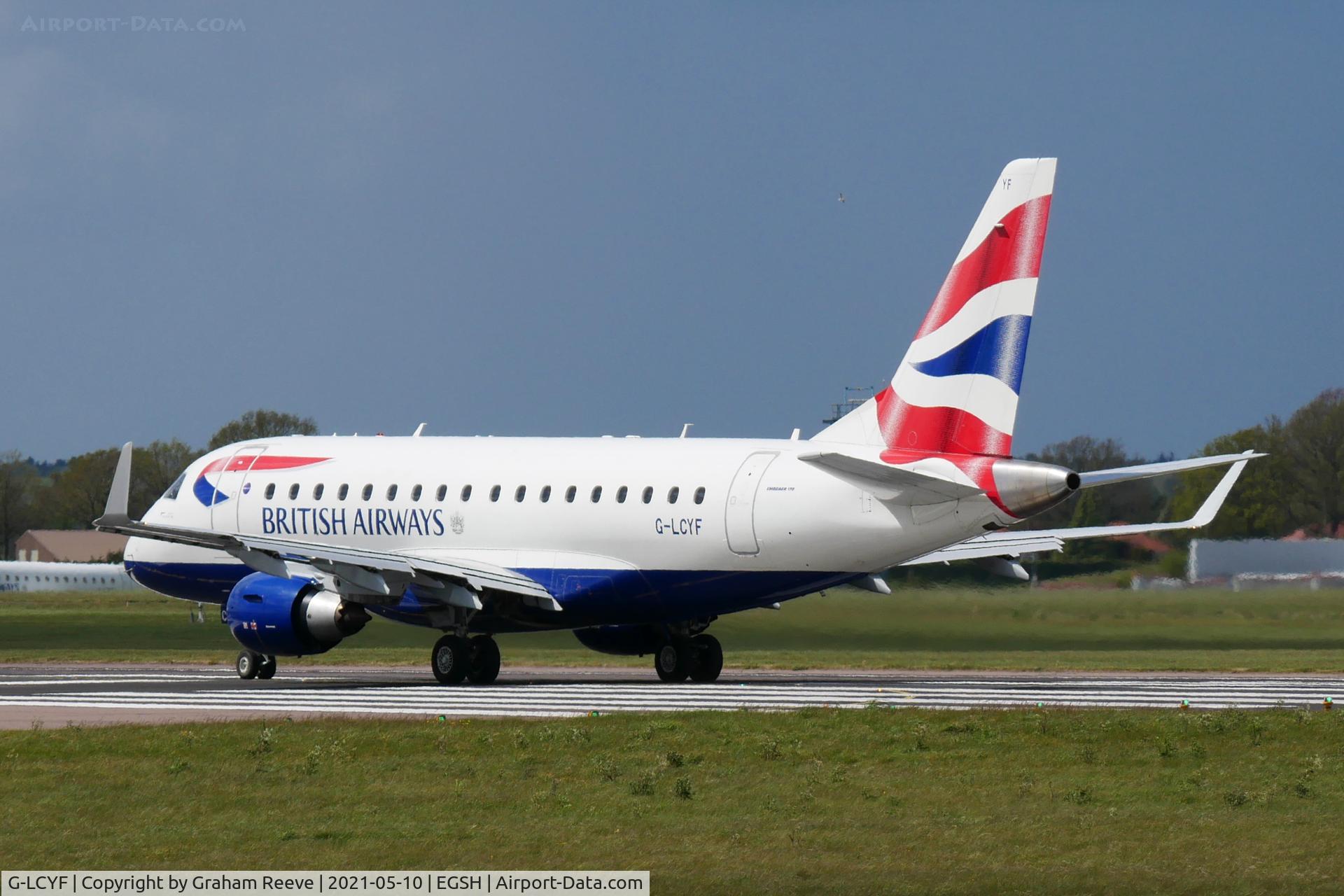 G-LCYF, 2009 Embraer 170STD (ERJ-170-100STD) C/N 17000298, Departing from Norwich.