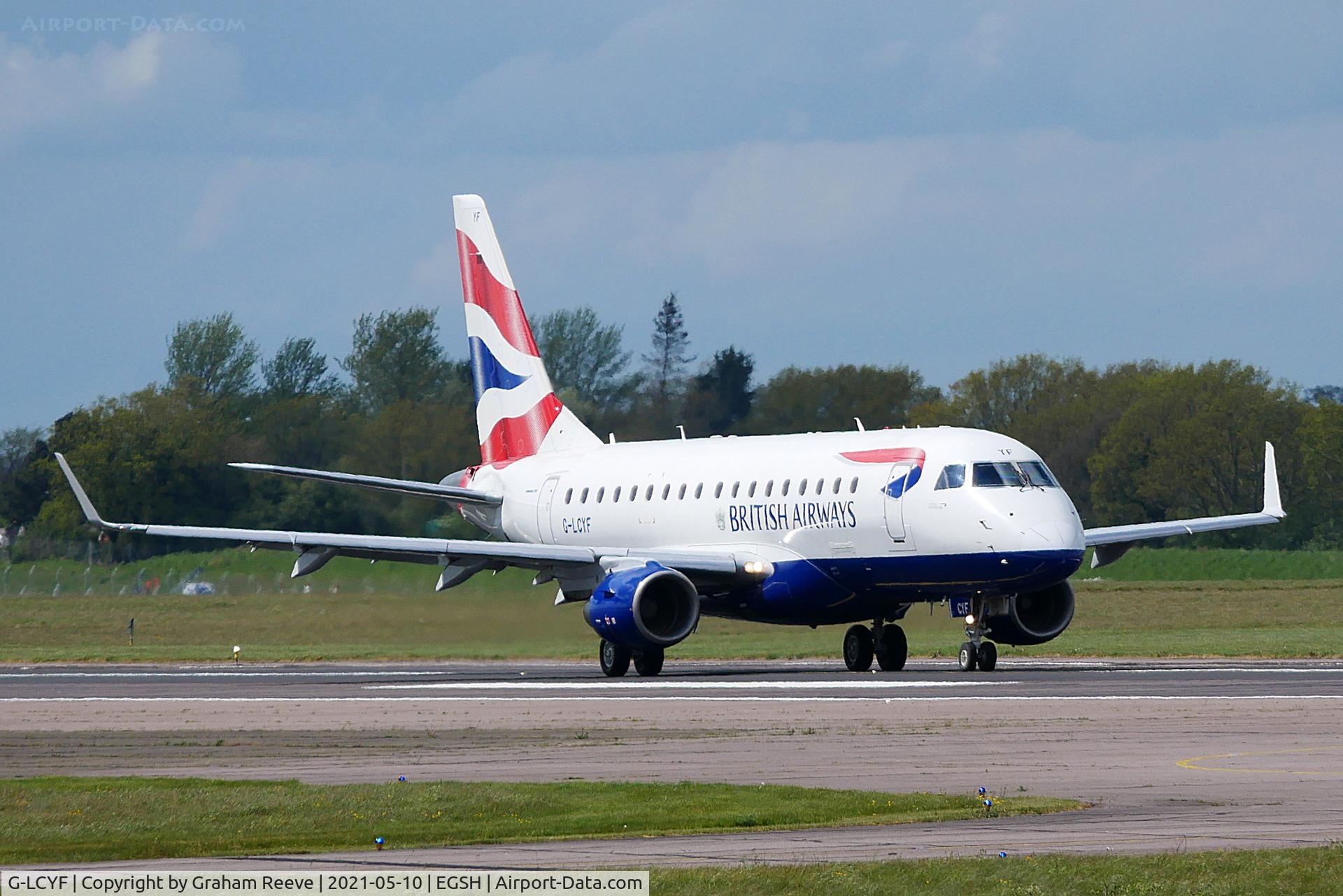 G-LCYF, 2009 Embraer 170STD (ERJ-170-100STD) C/N 17000298, Departing from Norwich.
