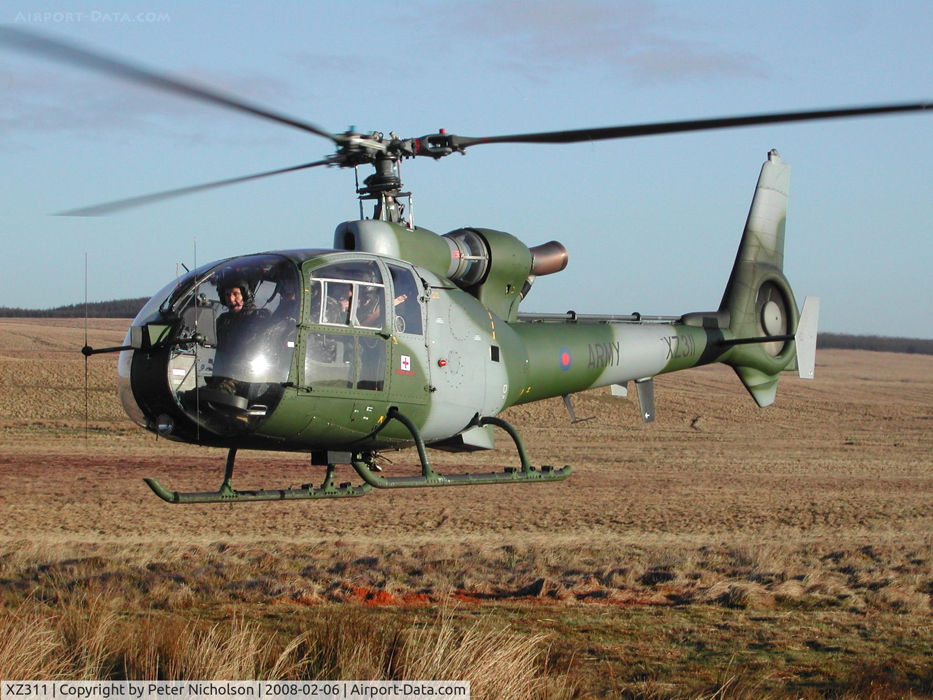 XZ311, 1976 Westland SA-341B Gazelle AH1 C/N 1578, Gazelle AH.1, callsign Army Air 776, of 6 Flt TA in action with Forward Air Controllers in Spring of 2008.