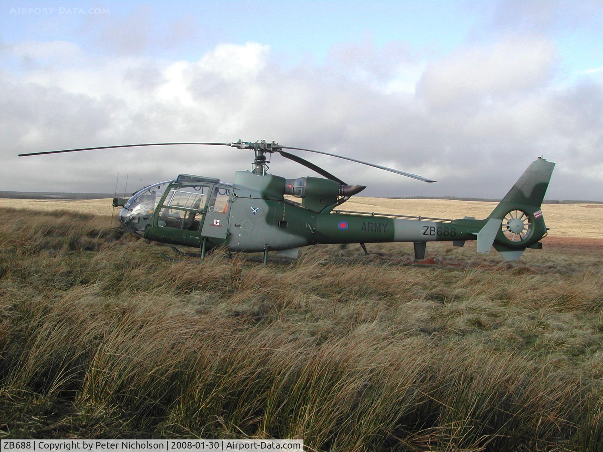 ZB688, 1983 Westland SA-341B Gazelle AH1 C/N WA1999, Gazelle AH.1, callsign Army Air 764, of 3(V) Flight in action with Forward Air Controllers in January 2008.
