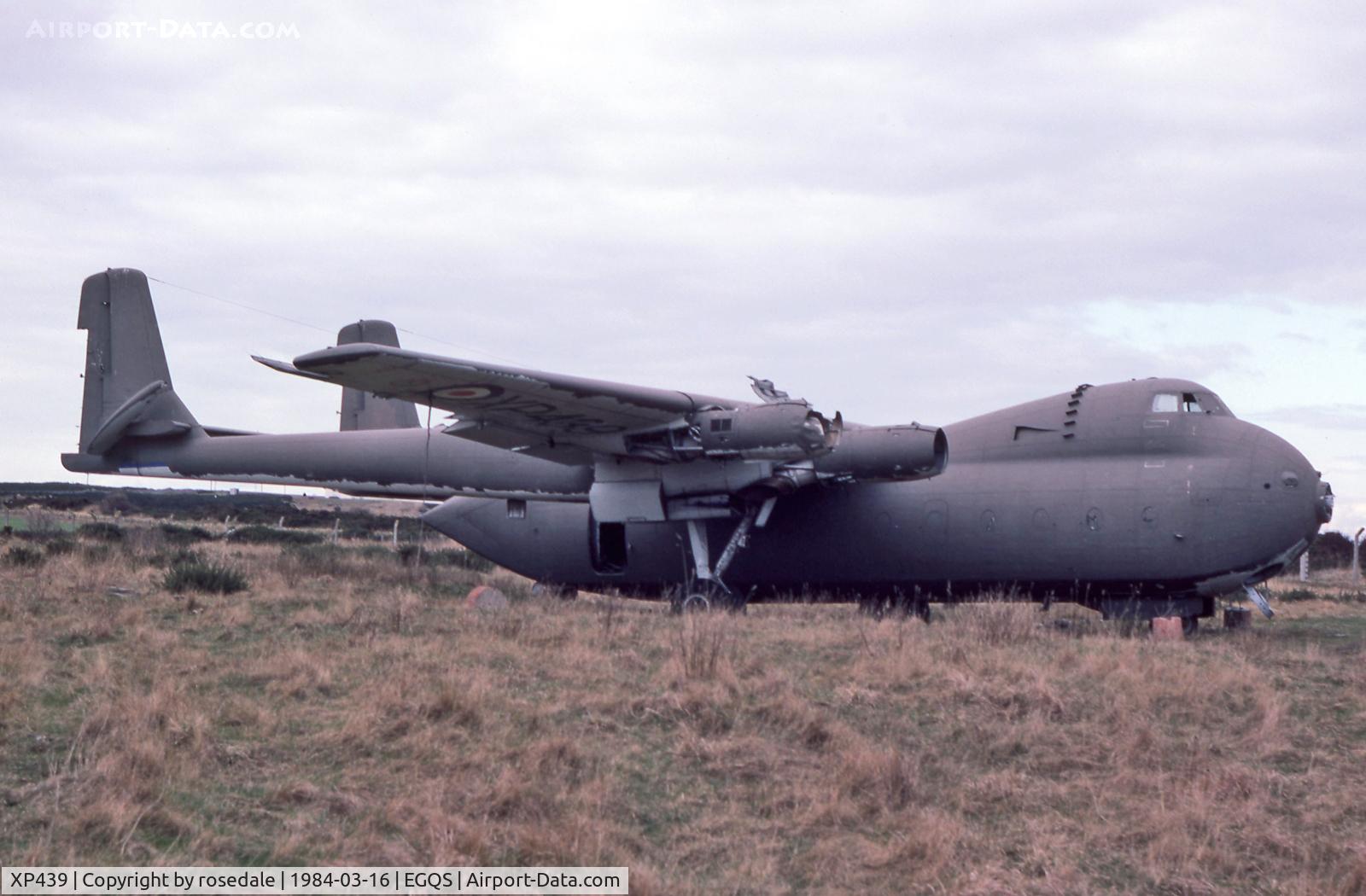 XP439, 1962 Armstrong Whitworth AW-660 Argosy E.1 C/N 6771, seeing out her days with the fire section at RAF Lossiemouth, Scotland, seen here on 16-Mar-1984