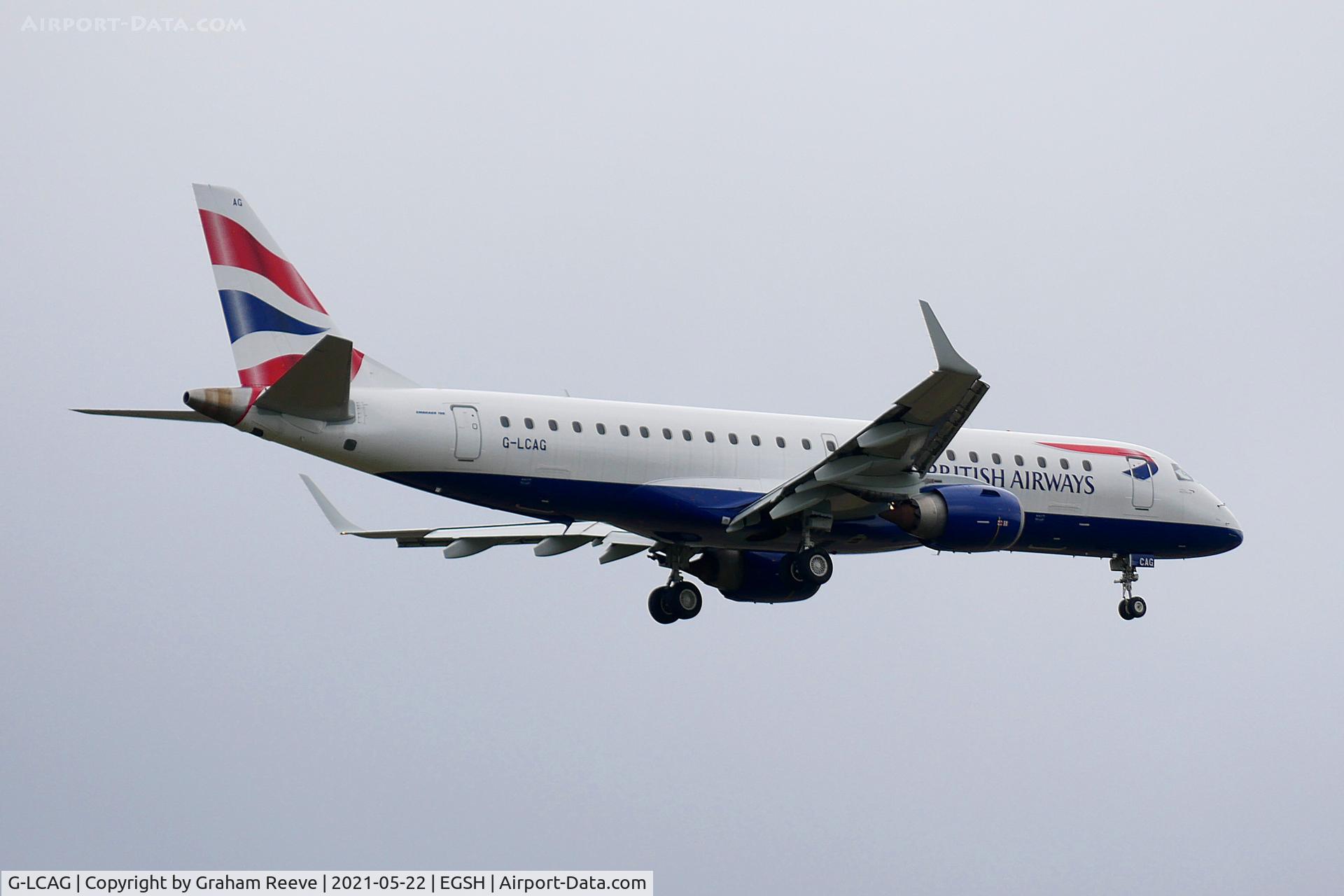 G-LCAG, 2012 Embraer ERJ 190-100 SR C/N 19000560, Landing at Norwich.