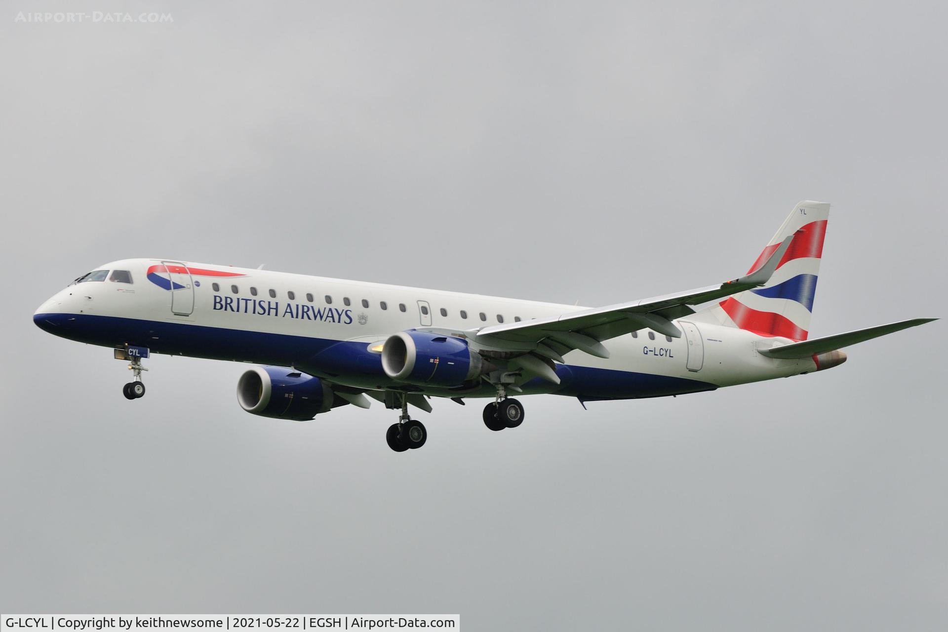 G-LCYL, 2010 Embraer 190SR (ERJ-190-100SR) C/N 19000346, Arriving at Norwich from London City Airport.