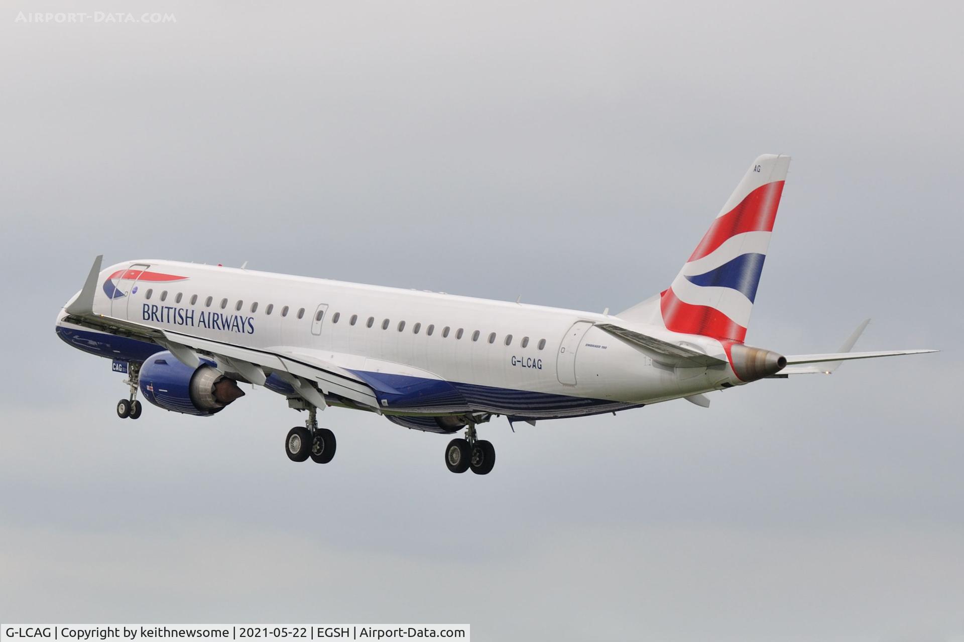 G-LCAG, 2012 Embraer ERJ 190-100 SR C/N 19000560, Arriving at Norwich from Warsaw.