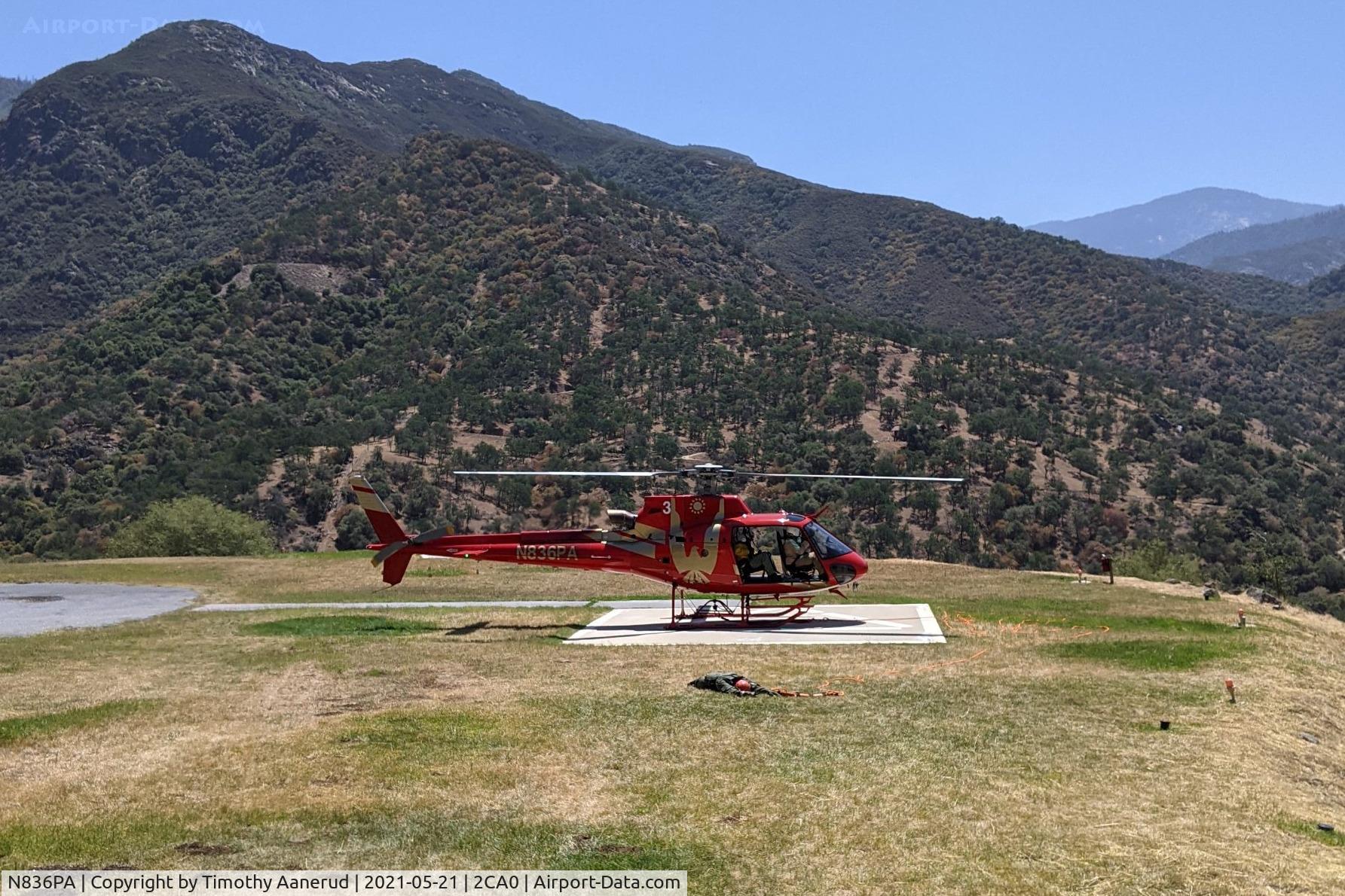 N836PA, 2012 Aerospatiale AS-350B-3 Ecureuil C/N 7508, 2012 Aerospatiale AS-350B-3 Ecureuil, c/n: 7508.  My daughter sent me this photo.  This helicopter will be working in Sequoia Kings Canyon National Park this year doing rescue, ranger station and trail crew resupply work.