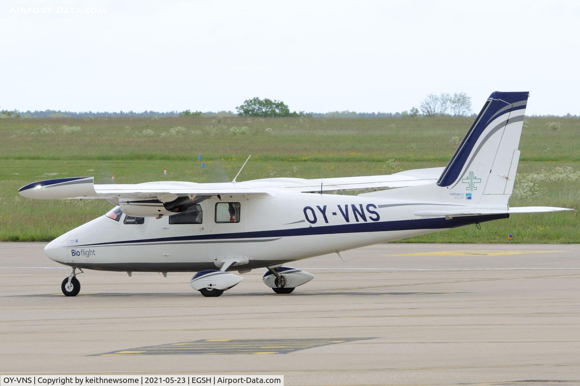OY-VNS, 2020 Vulcanair P-68C C/N 511/C, Arriving at Norwich for fuel.